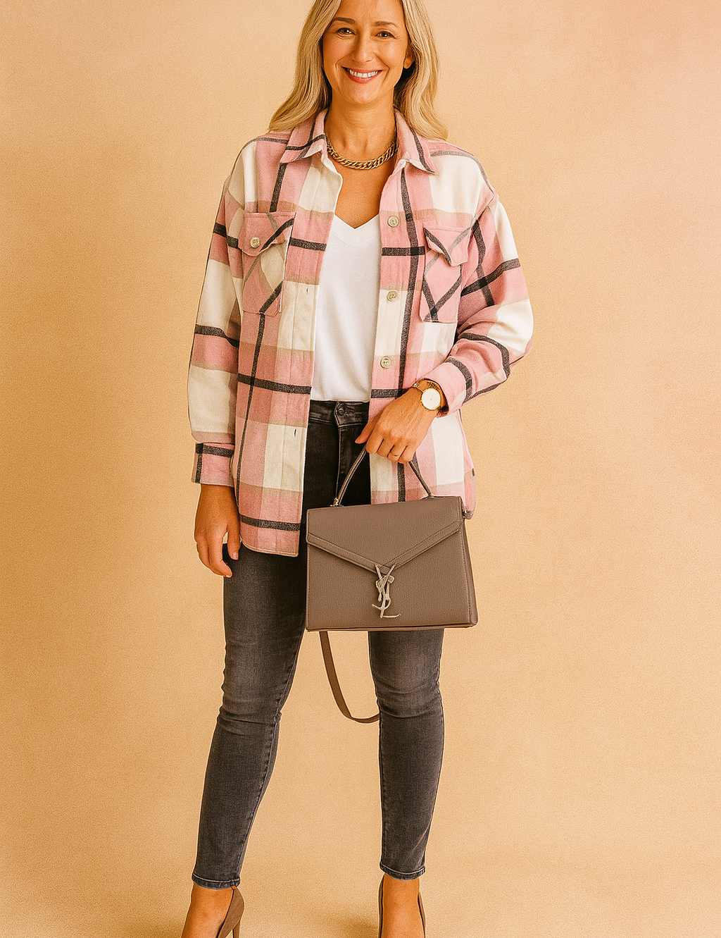 Oversized pink, cream, and black plaid shacket with white V-neck tee and faded charcoal skinny jeans, styled with taupe heels and a structured gray handbag.