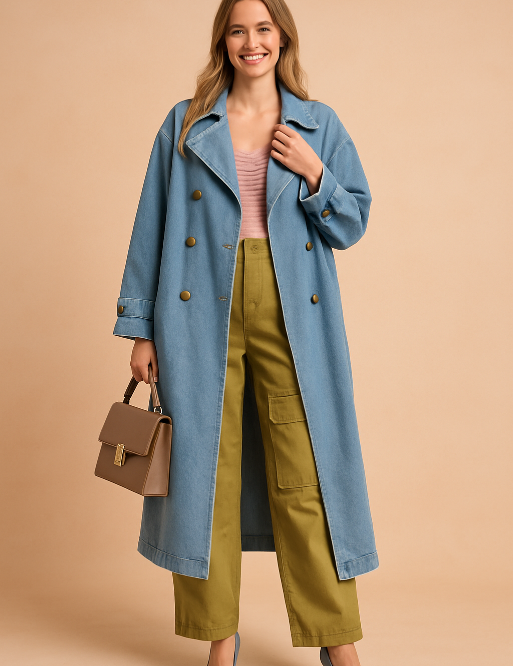 Light blue oversized denim trench coat with gold buttons, styled over a pastel pink ruched top and olive green cargo pants with large utility pockets. Finished with pointed-toe blue heels and a structured taupe handbag.