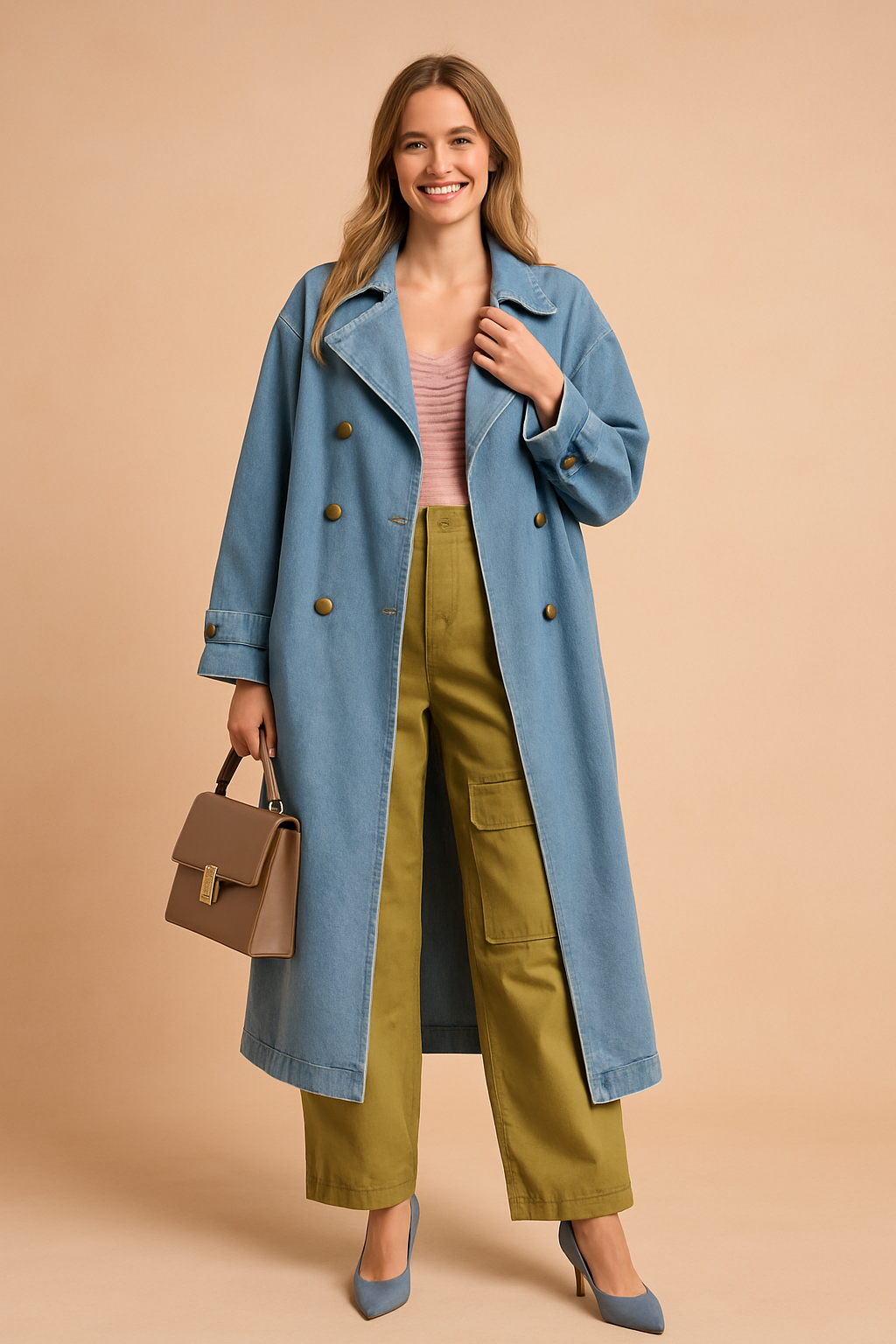 Light blue oversized denim trench coat with gold buttons, styled over a pastel pink ruched top and olive green cargo pants with large utility pockets. Finished with pointed-toe blue heels and a structured taupe handbag.