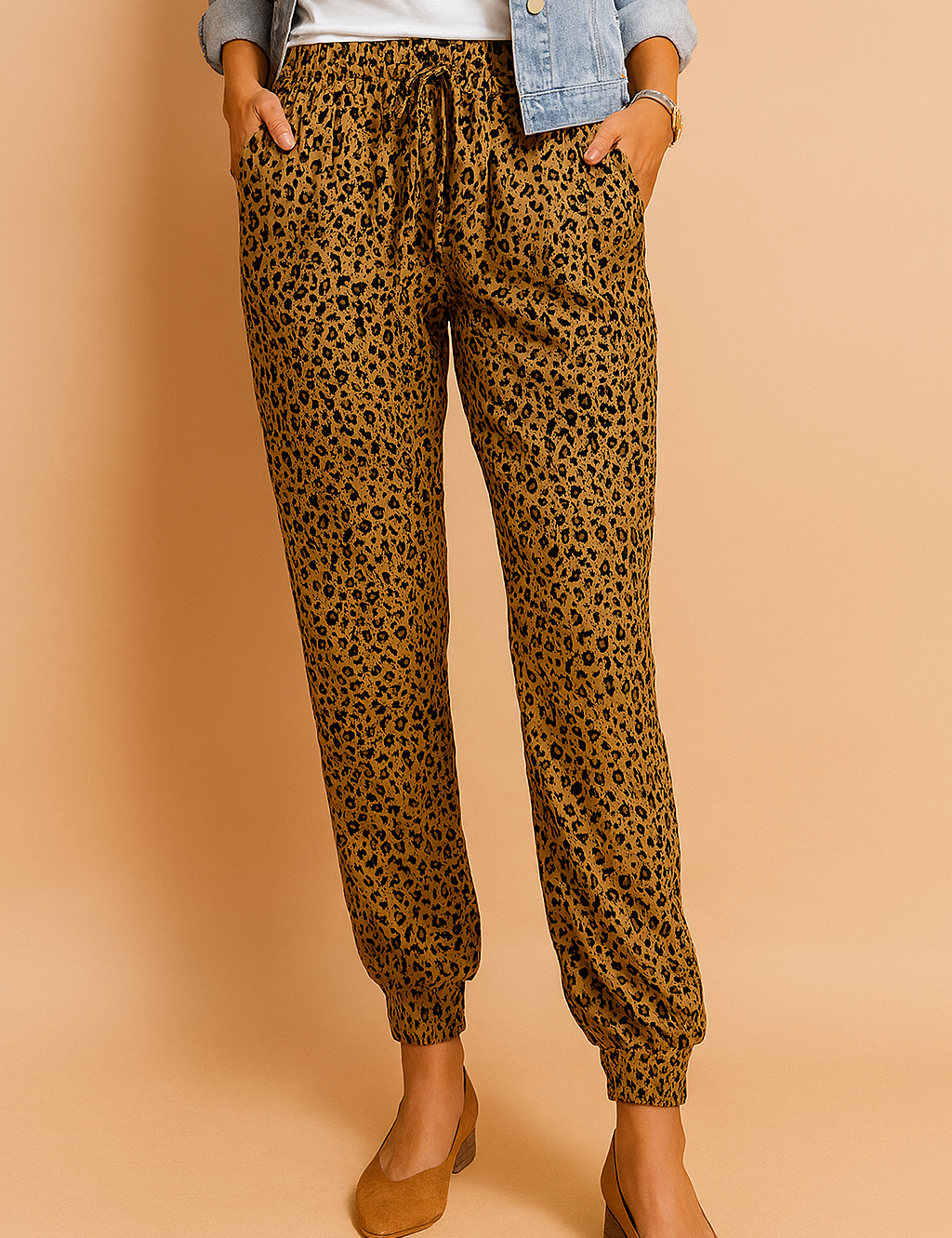 Leopard print jogger pants in golden-brown with black spots, featuring a tapered ankle cut, elastic waistband with drawstring, and side pockets.