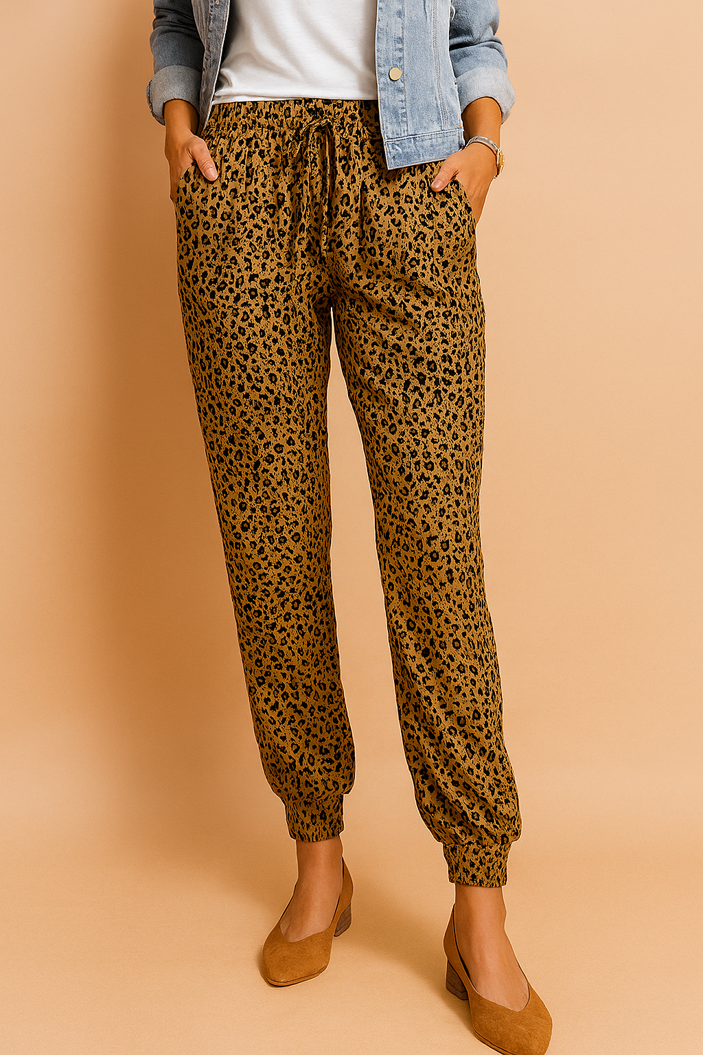 Leopard print jogger pants in golden-brown with black spots, featuring a tapered ankle cut, elastic waistband with drawstring, and side pockets.