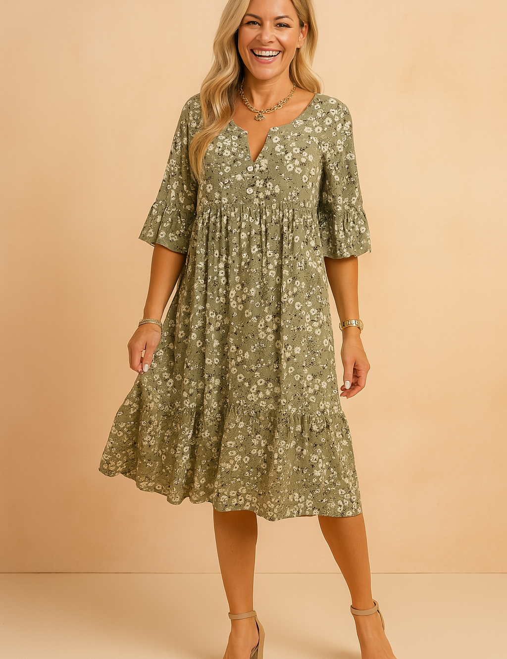 Floral print olive green knee-length dress with short ruffled sleeves, a loose empire waistline, tiered skirt, and front button accents.