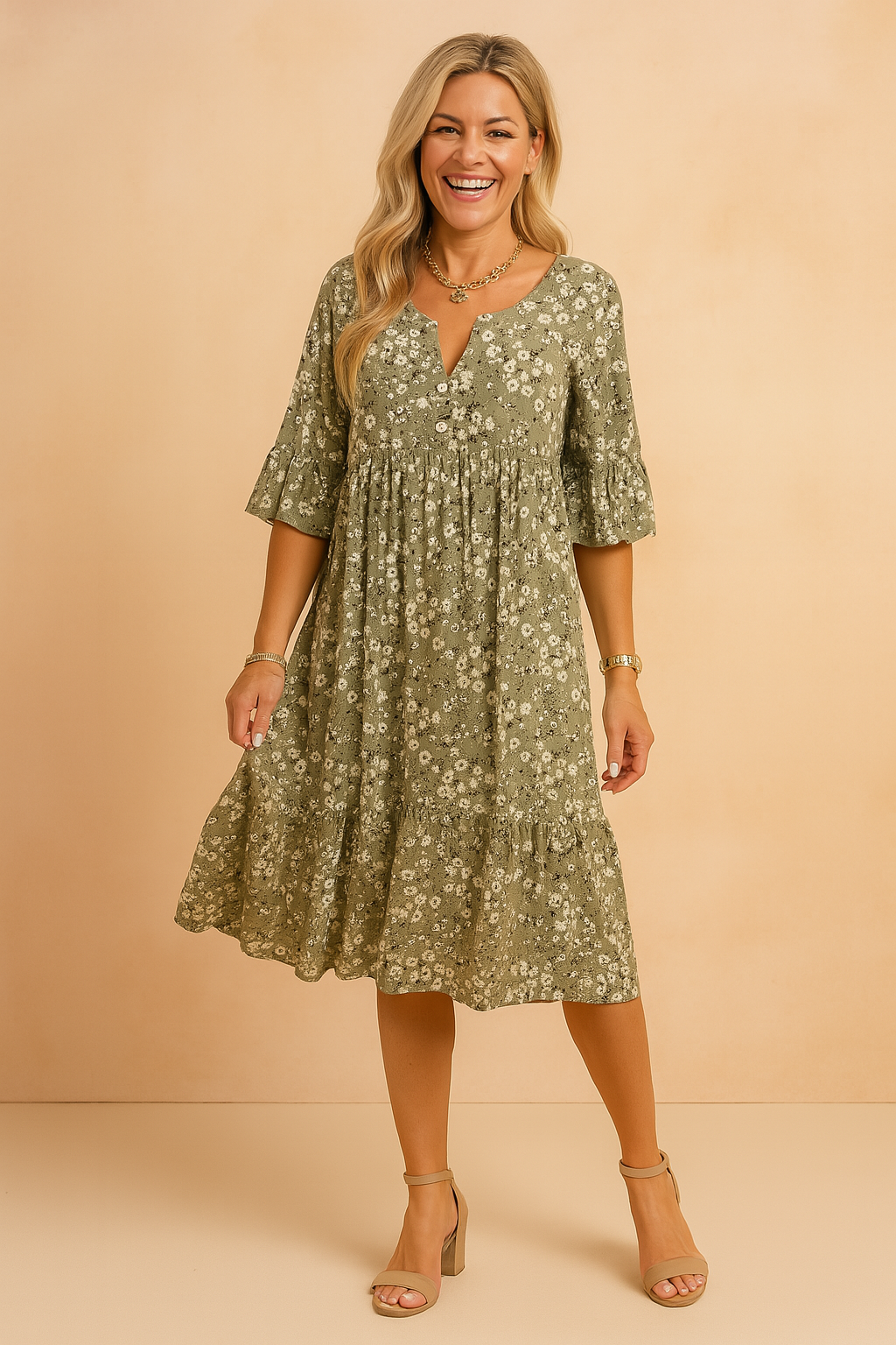 Floral print olive green knee-length dress with short ruffled sleeves, a loose empire waistline, tiered skirt, and front button accents.