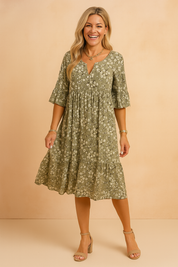 Floral print olive green knee-length dress with short ruffled sleeves, a loose empire waistline, tiered skirt, and front button accents.