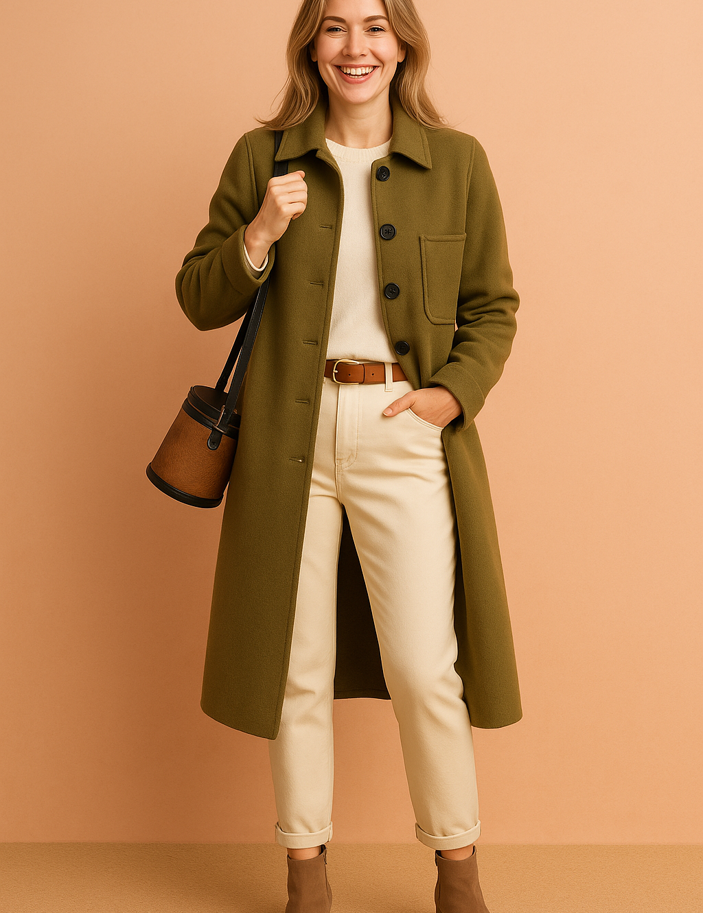 Classic olive wool coat with black buttons and a chest pocket, paired with a cream top, off-white cuffed trousers, a tan leather belt, and taupe suede ankle boots, styled with a cylindrical brown crossbody bag.