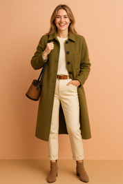 Classic olive wool coat with black buttons and a chest pocket, paired with a cream top, off-white cuffed trousers, a tan leather belt, and taupe suede ankle boots, styled with a cylindrical brown crossbody bag.