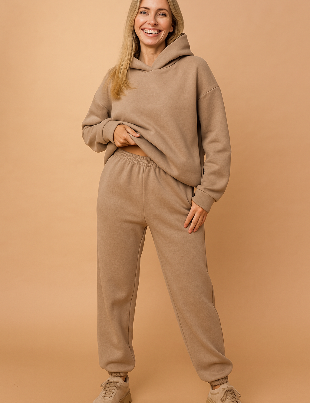 Neutral beige loungewear set featuring a relaxed-fit hoodie with dropped shoulders and matching high-waisted jogger pants made from soft fleece fabric, styled with beige platform sneakers.

