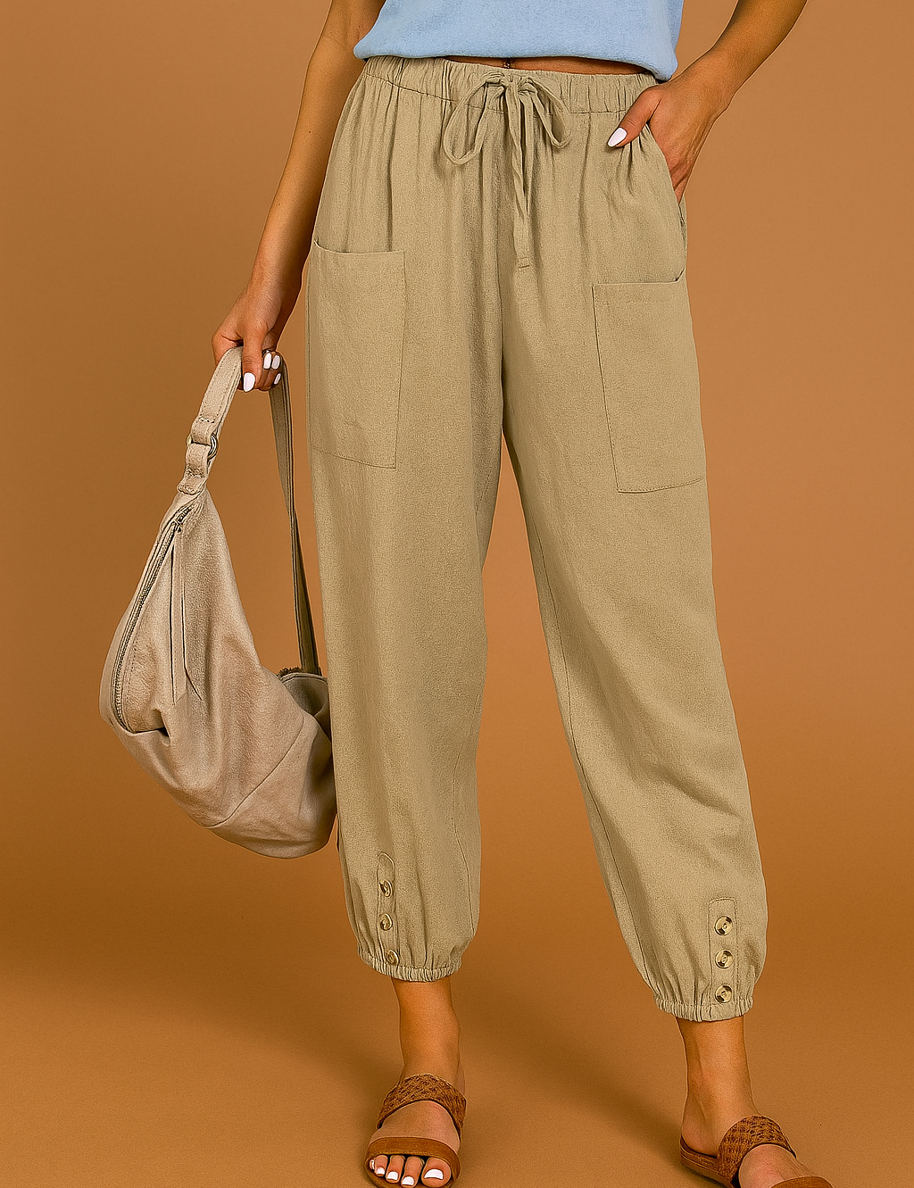 Beige cropped jogger-style linen pants with large front patch pockets and drawstring waistband, finished with elasticized cuffs and decorative buttons, paired with brown open-toe sandals and a casual slouchy handbag.