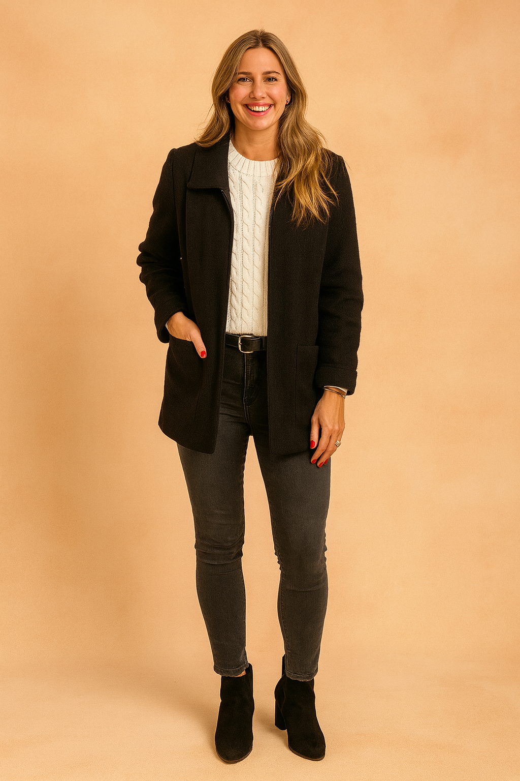 Black wool coat layered over a white cable-knit sweater, styled with dark gray jeans, black suede ankle boots, and a black belt with a silver buckle.