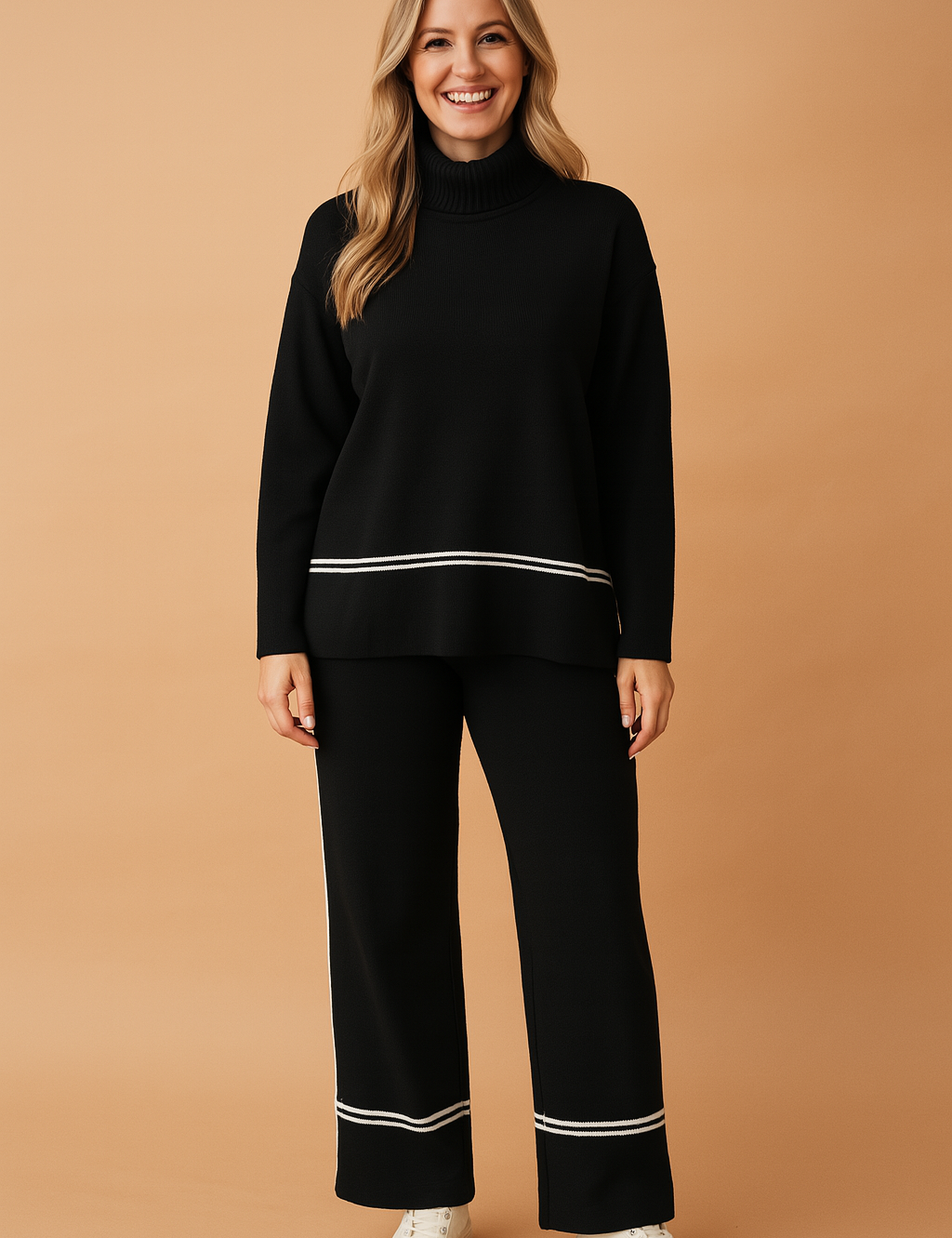 Black knit two-piece set featuring a long-sleeve top with a high extended ribbed collar and a white contrast stripe above the hem, paired with matching straight-leg pants accented by white contrast trim near the cuffs.