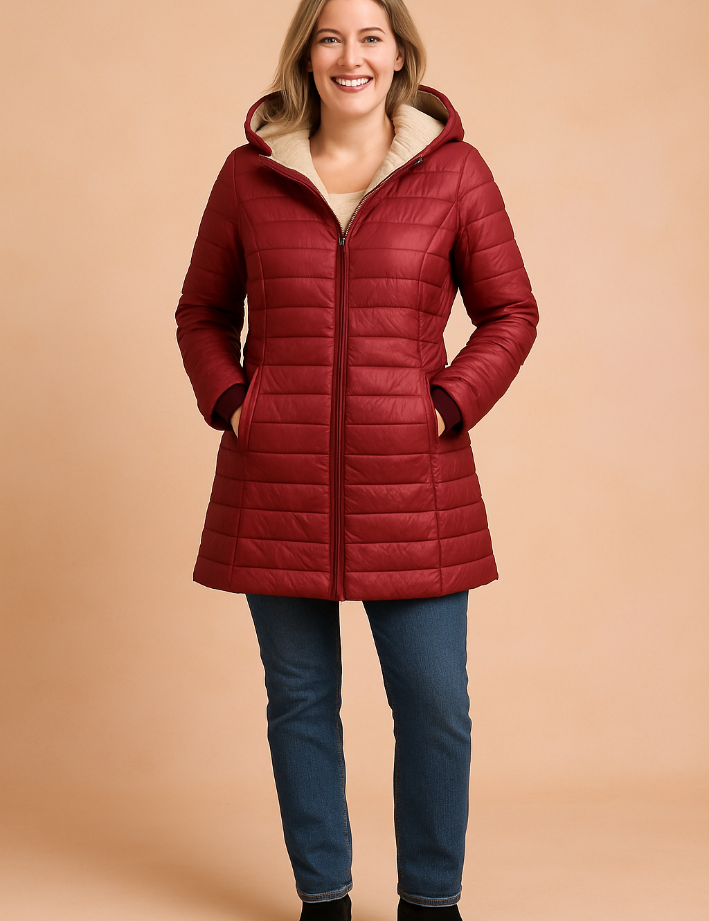 Mid-thigh length quilted puffer coat in rich deep red with horizontal stitching, a plush beige fleece lining, full-length front zipper, and matching red knit cuffs, styled with a hood and slightly flared hem for a flattering silhouette.