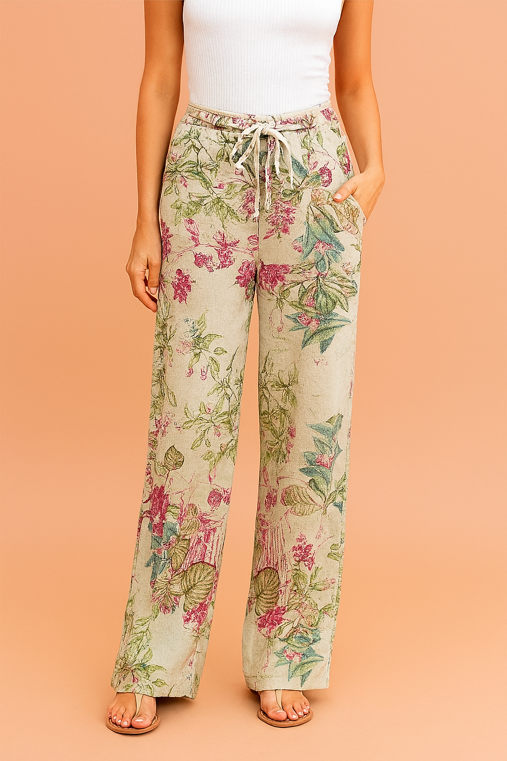 Beige wide-leg linen pants featuring a vibrant botanical floral print in shades of magenta, green, and teal, styled with a drawstring waistband and paired with neutral-tone sandals.