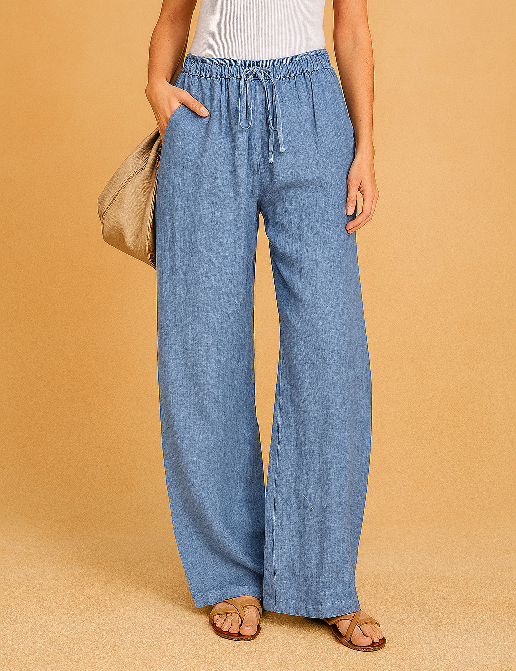 Light blue linen drawstring pants in a relaxed wide-leg silhouette, featuring an elastic waistband and side pockets, styled casually with tan flat sandals and a slouchy beige handbag.