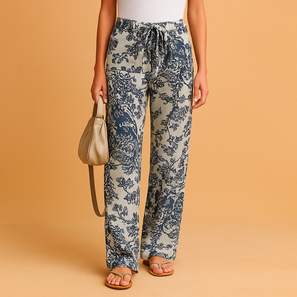 High-rise straight-leg linen pants in a light beige base with bold navy blue floral print, featuring a matching drawstring waistband and relaxed fit, styled with tan flat sandals and a neutral leather handbag.