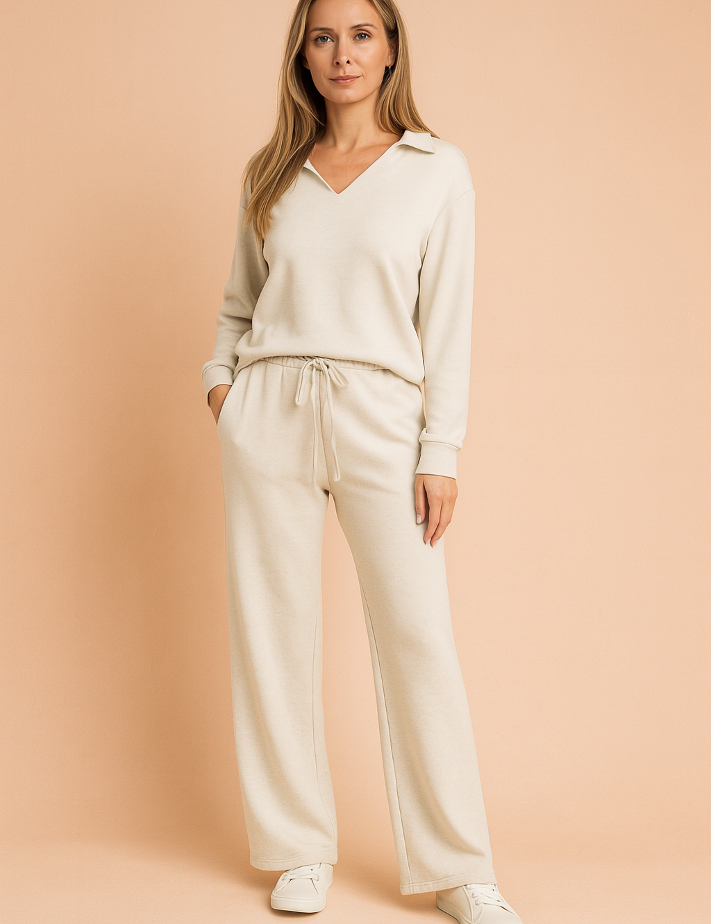 Off-white lounge set featuring a V-neck pullover with a collar and matching wide-leg drawstring pants made from soft knit fabric, styled with minimal white sneakers.
