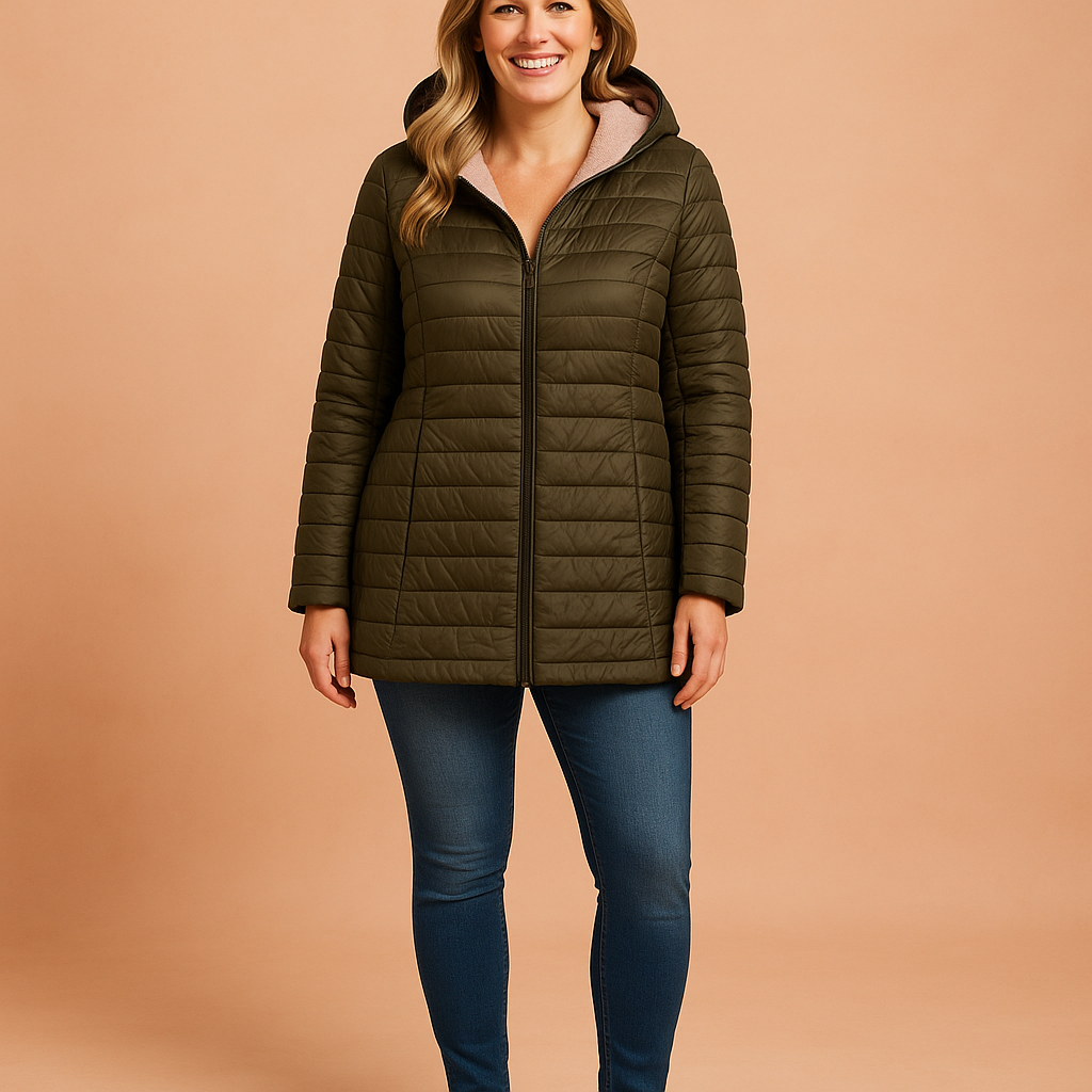 Women's olive green quilted hooded puffer jacket with light pink fleece lining, featuring a zip front closure and extended mid-thigh length.