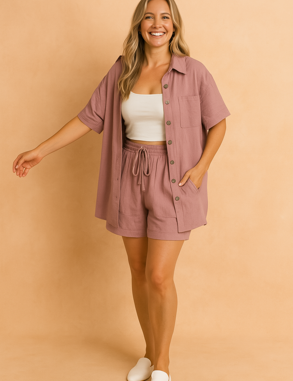 Two-piece coord set featuring a button-up shirt with patch pocket and matching drawstring shorts, both in a soft pink tone with a breezy, relaxed fit and textured finish.