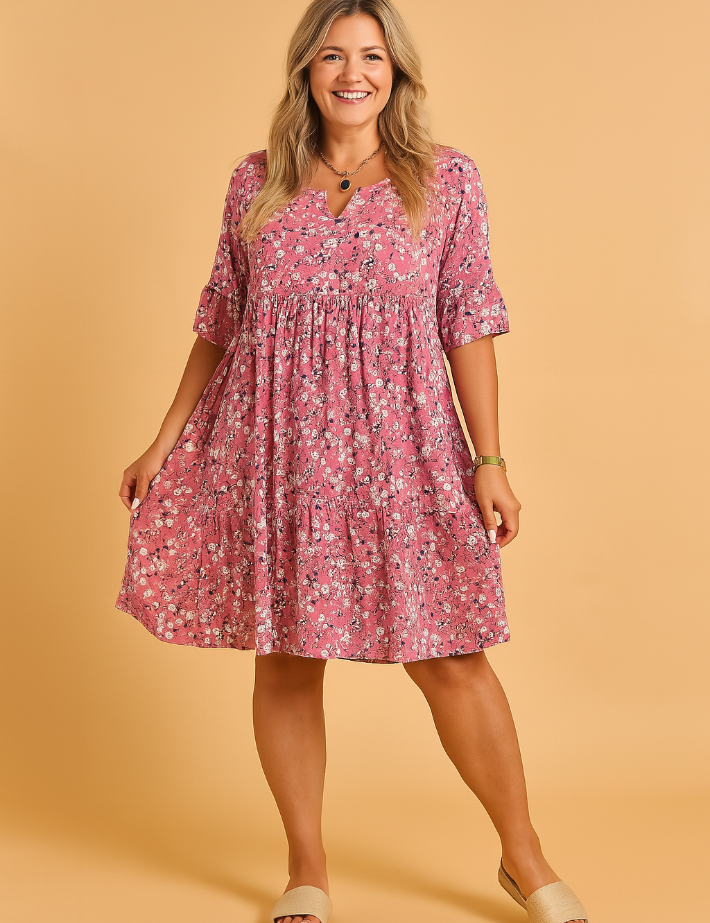 Relaxed-fit pink floral babydoll dress with elbow-length sleeves, gathered waistline, tiered hem, and scattered white and black daisy print.