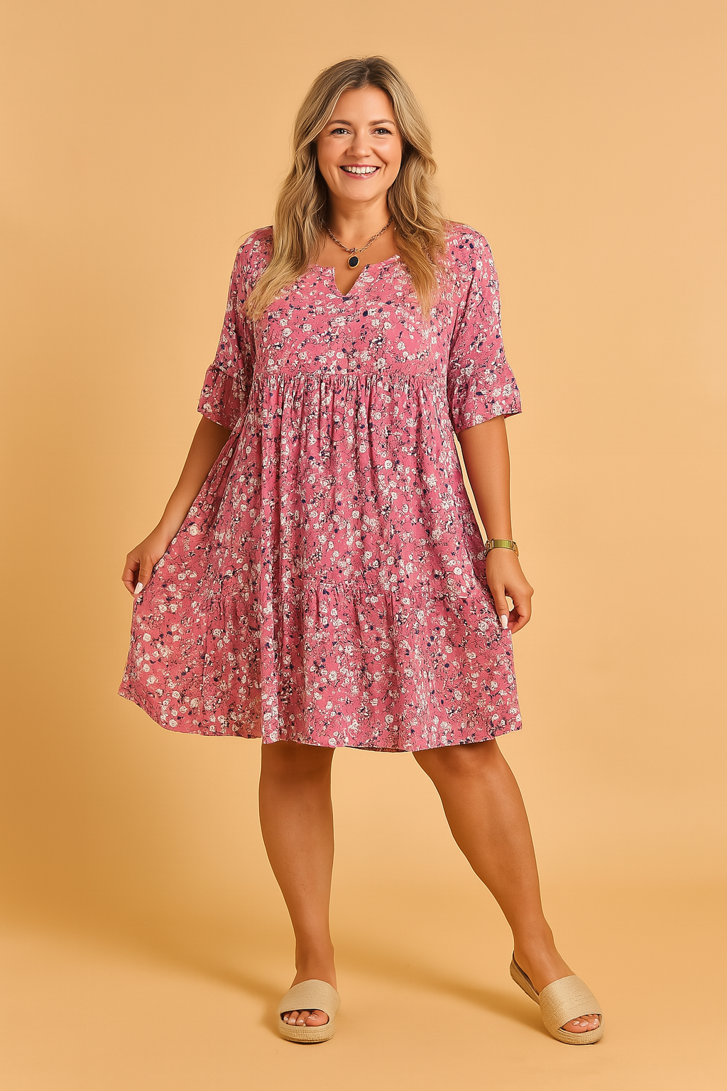 Relaxed-fit pink floral babydoll dress with elbow-length sleeves, gathered waistline, tiered hem, and scattered white and black daisy print.