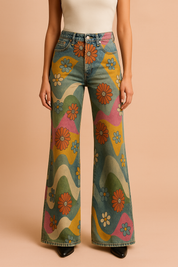 Retro-inspired wide-leg jeans featuring a bold multicolor floral print with large orange daisies and smaller blue, white, and yellow flowers over wavy panels of pink, green, mustard, and denim blue, crafted in a vintage-wash finish.