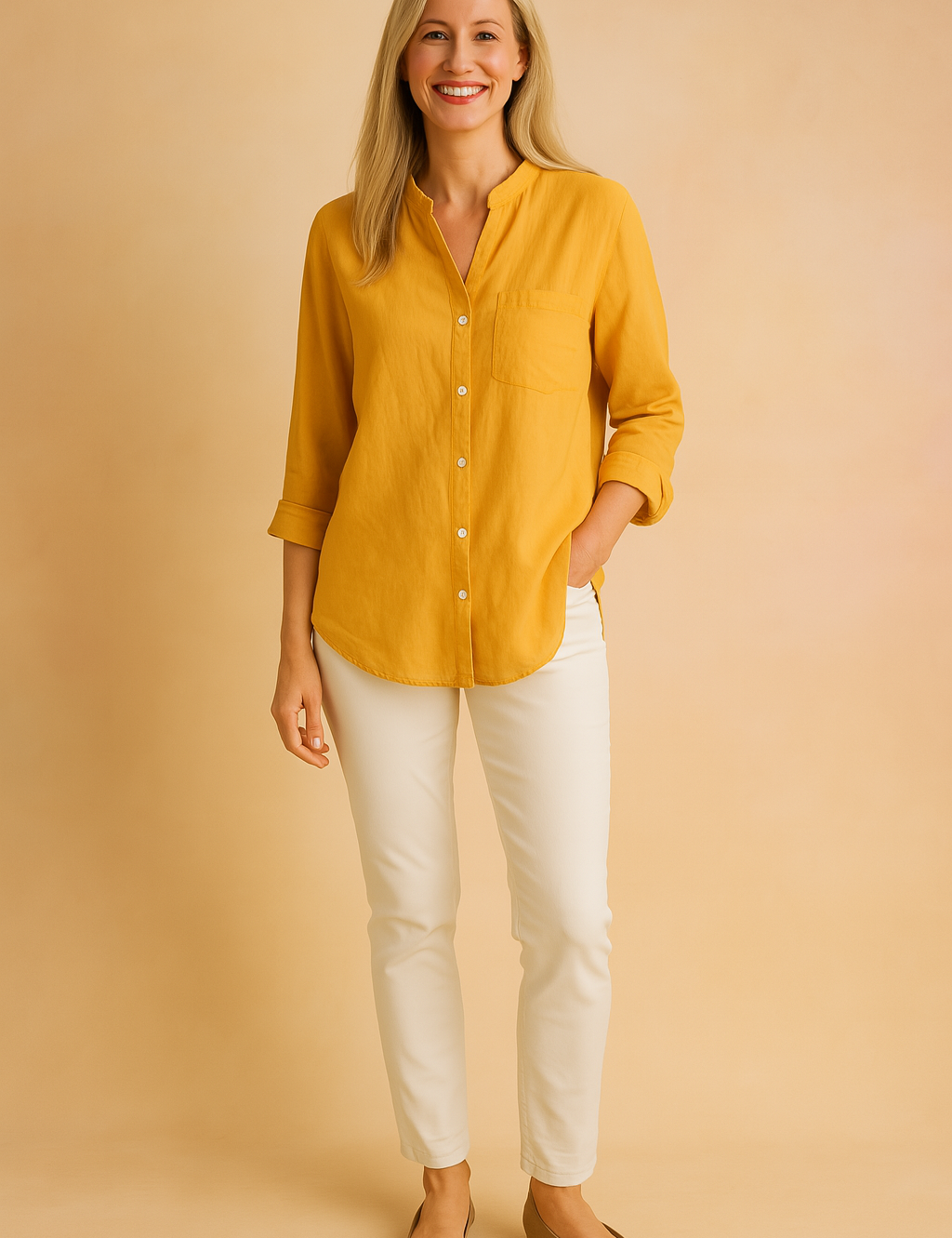 Mustard yellow linen shirt with a chest pocket and full button front, styled with slim white trousers and taupe ballet flats.