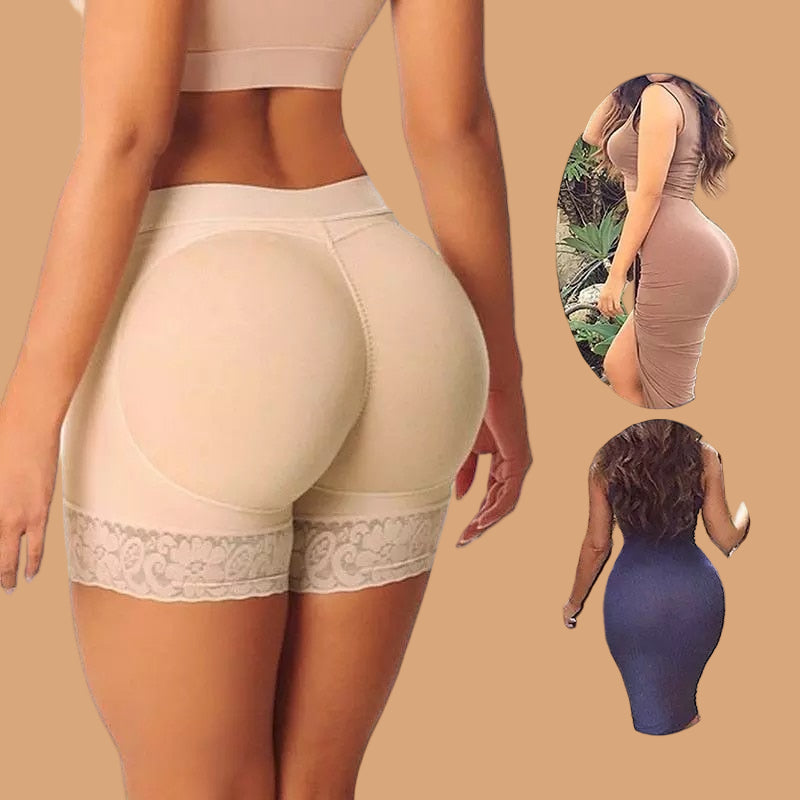 Beżowe majtki modelujące push-up z koronką – bielizna korygująca optycznie powiększająca pośladki.
