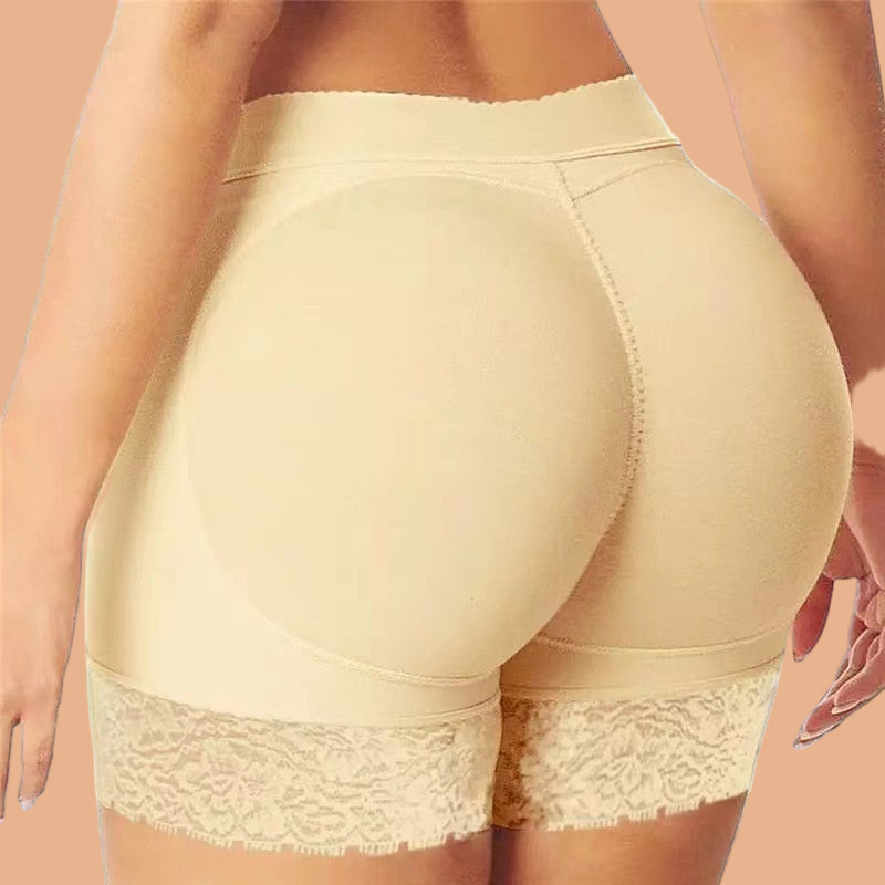Beżowe majtki modelujące push-up z koronką – bielizna korygująca optycznie powiększająca pośladki.