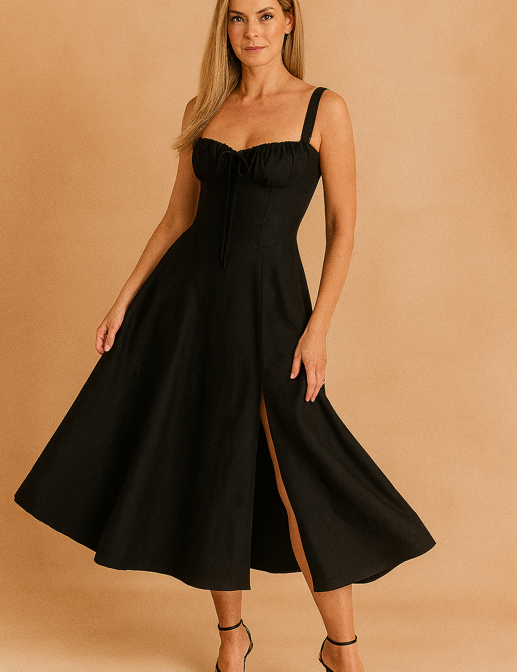 Czarna sukienka midi na grubych ramiączkach, z marszczonym dekoltem typu sweetheart, wiązaniem z przodu i pojedynczym rozcięciem w spódnicy, uszyta z eleganckiej tkaniny o gładkiej strukturze, idealna na wieczorne wyjścia.