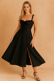 Czarna sukienka midi na grubych ramiączkach, z marszczonym dekoltem typu sweetheart, wiązaniem z przodu i pojedynczym rozcięciem w spódnicy, uszyta z eleganckiej tkaniny o gładkiej strukturze, idealna na wieczorne wyjścia.