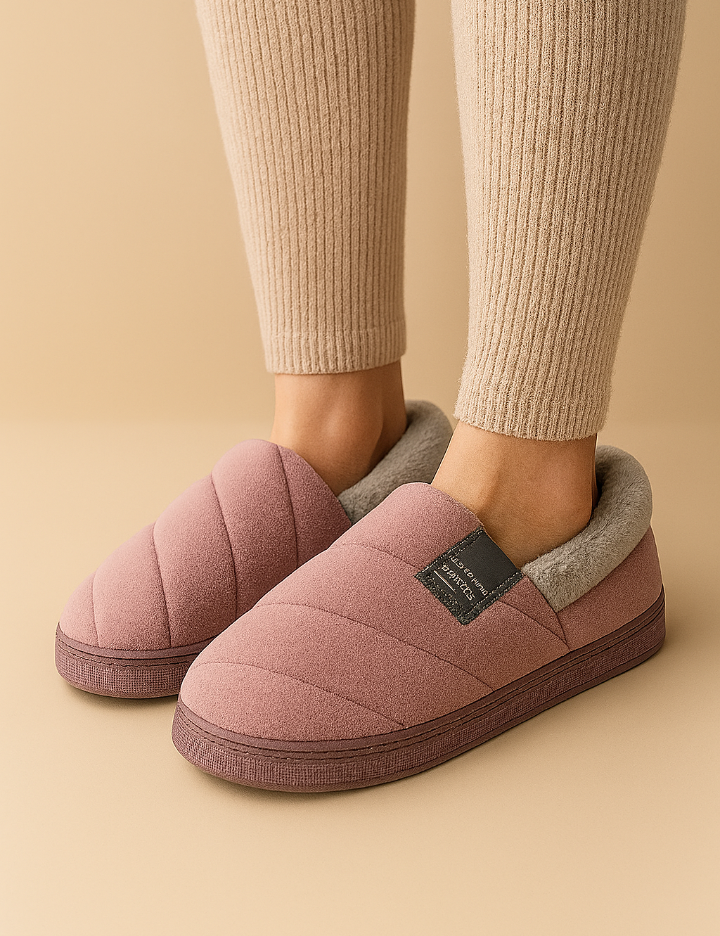 Damskie kapcie domowe w kolorze mauve z pikowanym wykończeniem i szarą futrzaną wyściółką, idealne na zimę, miękkie i wygodne.