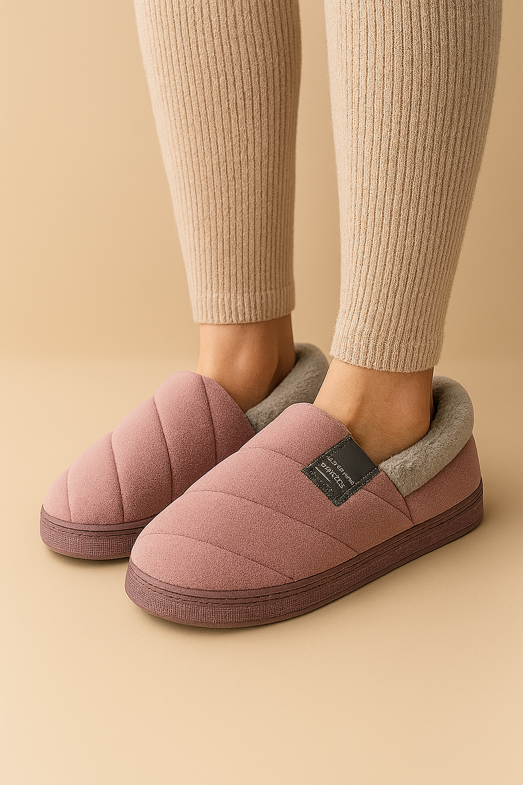 Damskie kapcie domowe w kolorze mauve z pikowanym wykończeniem i szarą futrzaną wyściółką, idealne na zimę, miękkie i wygodne.