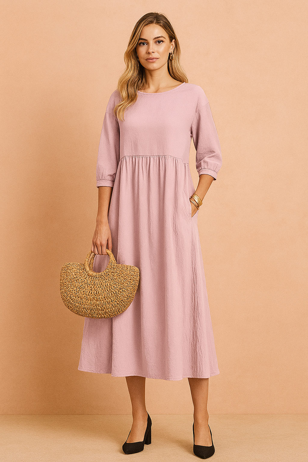 Amabel | Elegancka Sukienka Midi z Rękawem 3/4