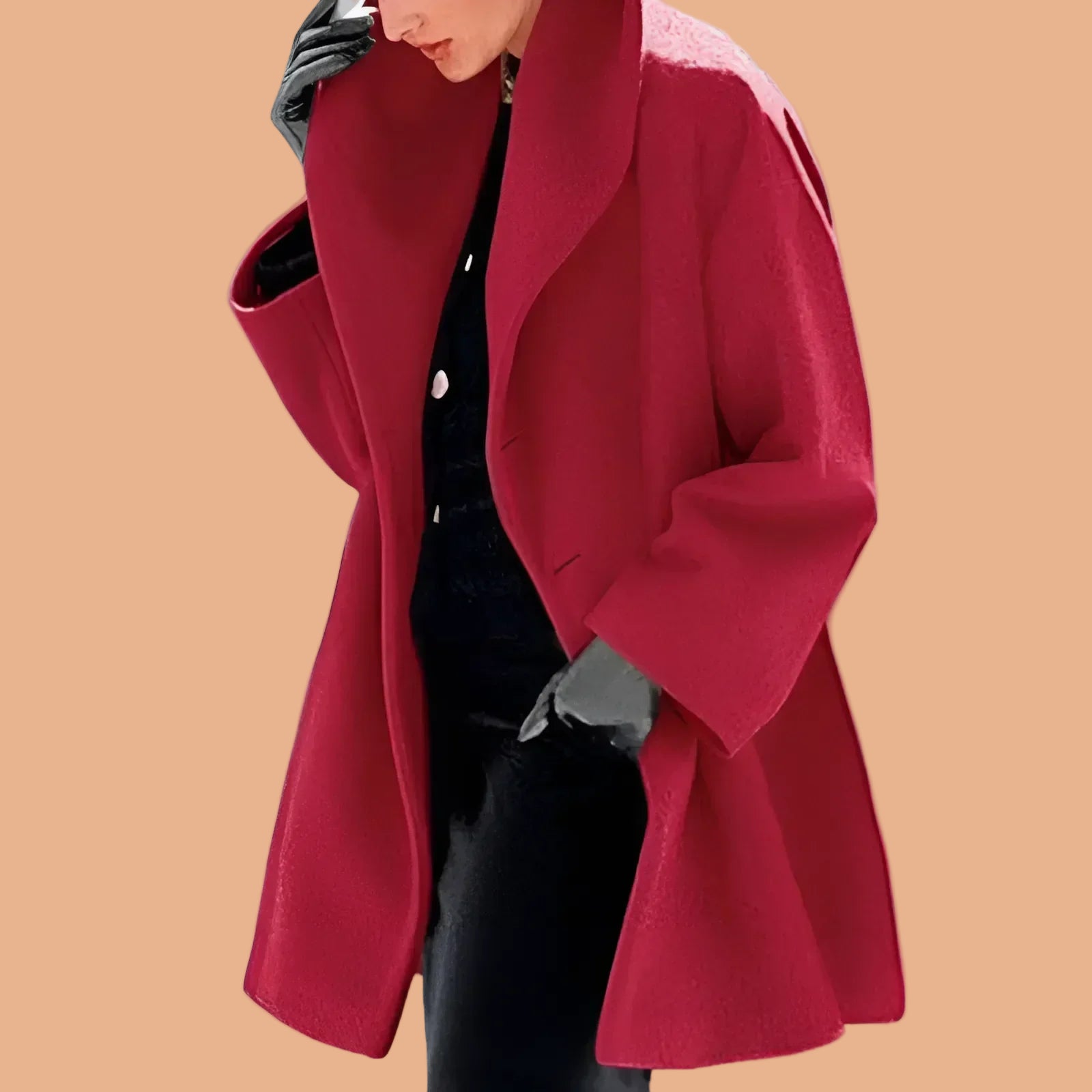 Damski zimowy płaszcz oversize w kolorze czerwonym z szerokim kołnierzem i eleganckim krojem