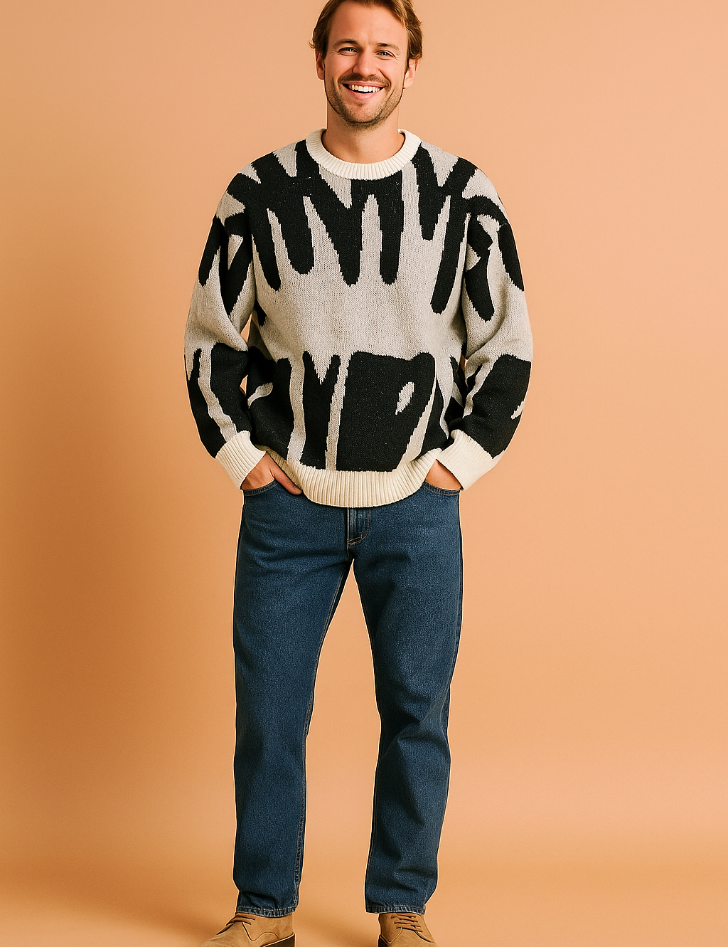 Black and white abstract patterned crewneck sweater with ribbed cuffs and hem, styled with classic blue jeans and beige suede shoes.