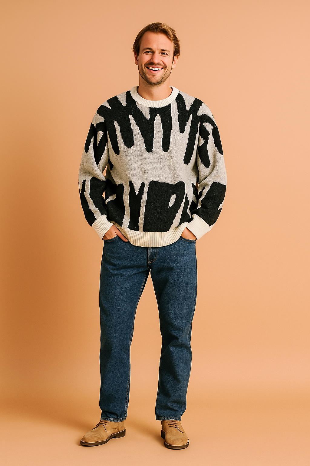 Black and white abstract patterned crewneck sweater with ribbed cuffs and hem, styled with classic blue jeans and beige suede shoes.
