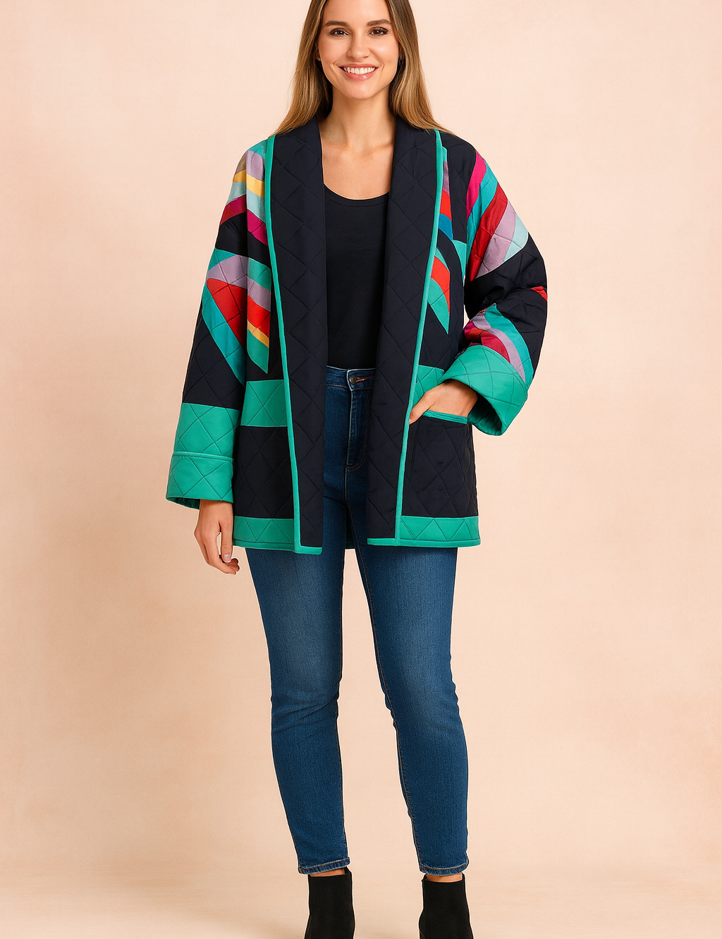 Colorful quilted kimono-style jacket with bold geometric multicolor stripes on a black base, finished with green quilted panels and trim, paired with black leggings and ankle boots.