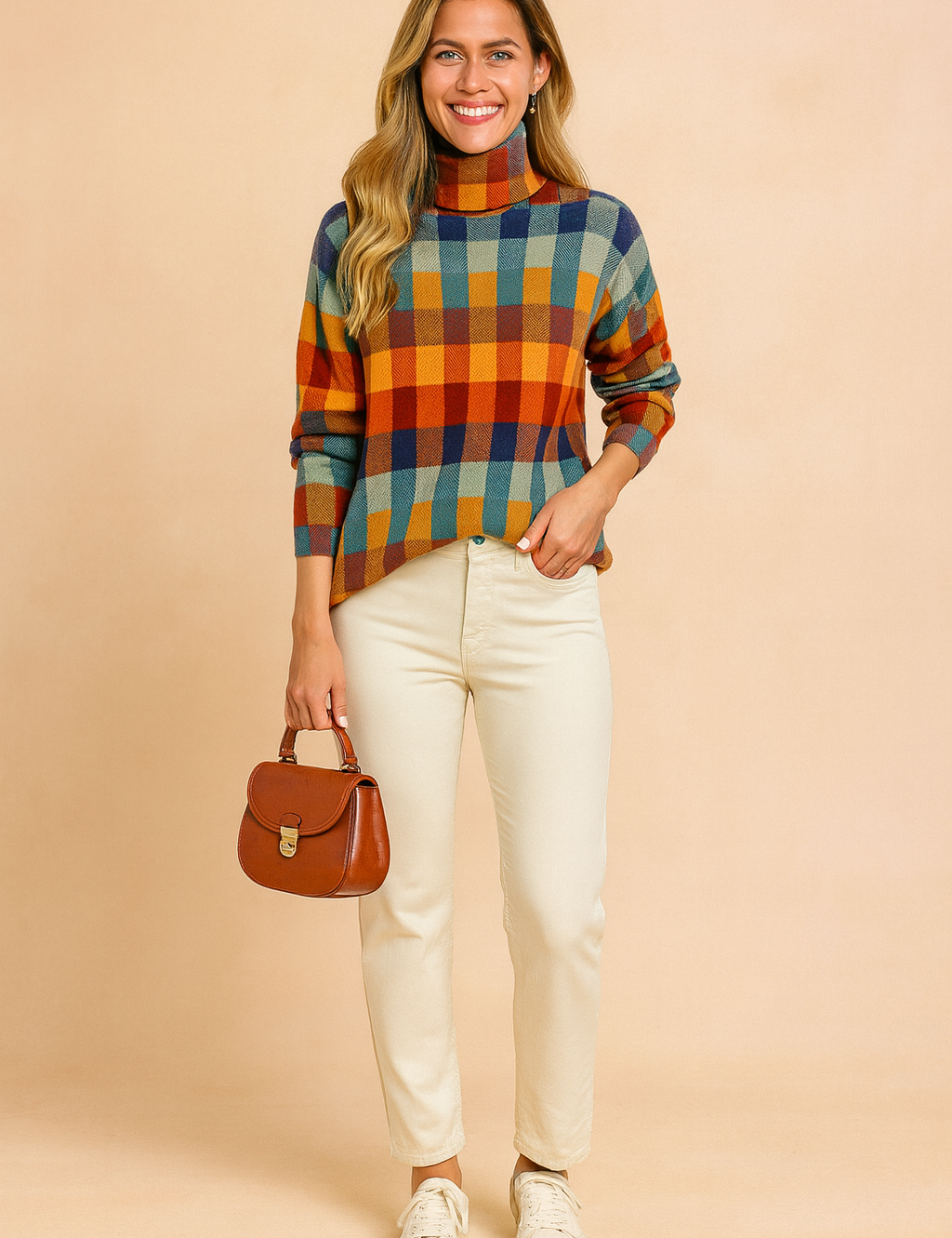 Multicolored checkered turtleneck sweater with long sleeves, soft knit texture, and a relaxed fit paired with off-white straight-leg pants and casual white sneakers.