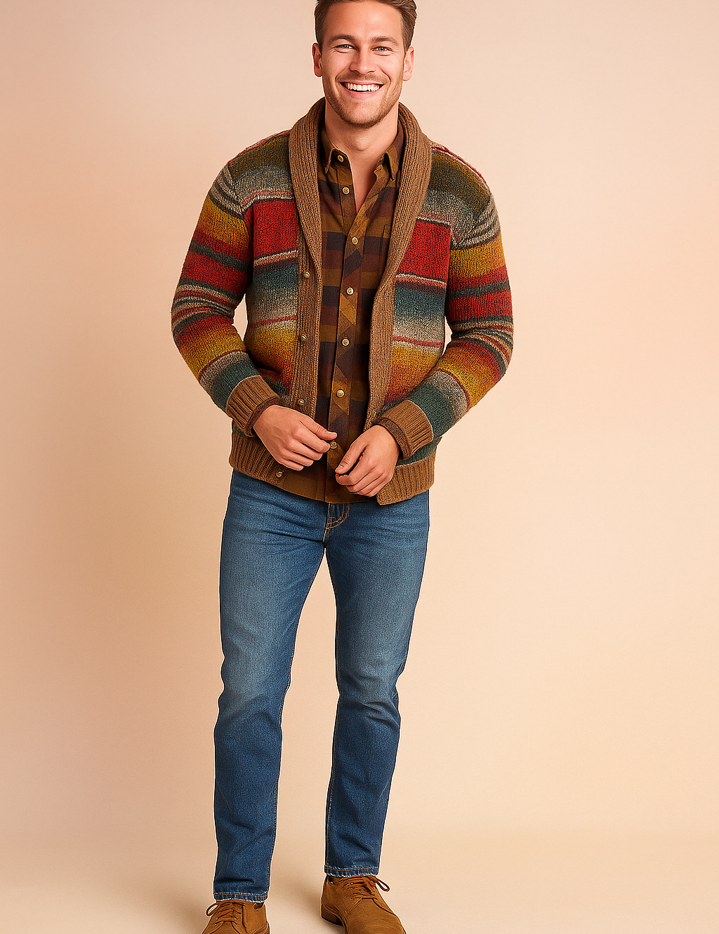 Multicolored striped knit cardigan with a brown shawl collar, button closure, and long sleeves, layered over a brown plaid shirt, paired with blue jeans and brown suede lace-up shoes.
