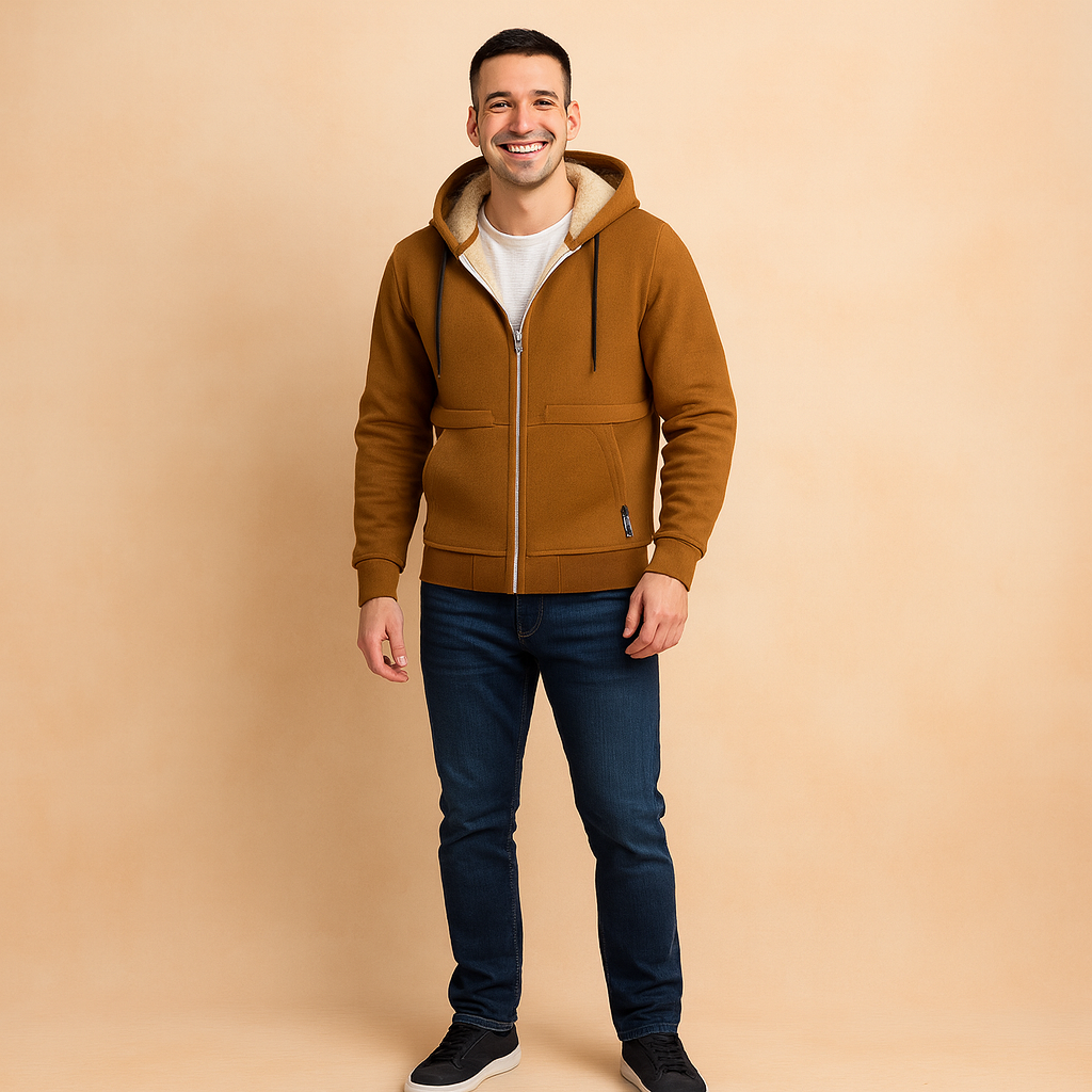 Mustard-brown hooded jacket with cream fleece lining, front zipper closure, black drawstrings, and side pockets, styled for casual wear.
