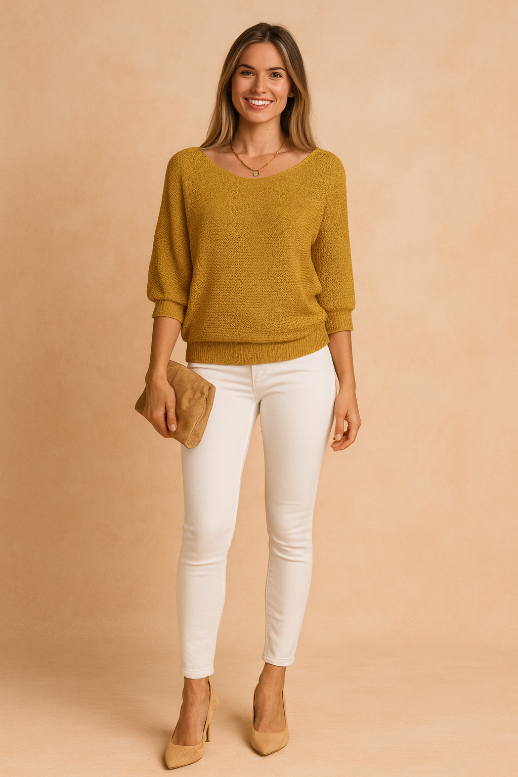 Mustard yellow knit sweater with a relaxed fit and ribbed cuffs, paired with high-waisted white skinny jeans and beige pointed-toe heels, accessorized with a small tan suede clutch and a delicate gold necklace.