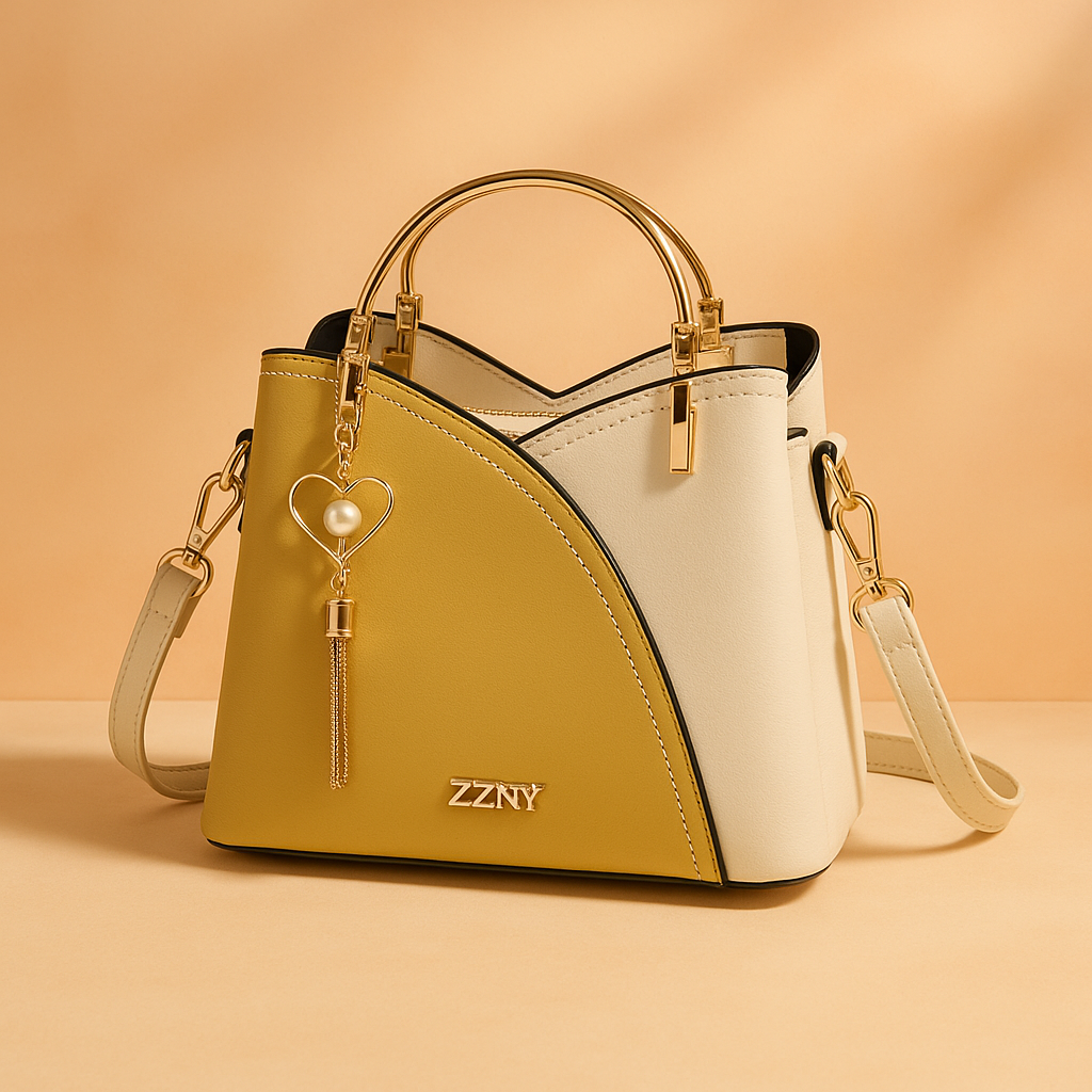 Two-toned structured handbag in mustard yellow and off-white faux leather with precise stitching, gold-tone hardware, heart-shaped charm with pearl and tassel, and detachable strap, presented on a soft beige and pastel pink gradient background.