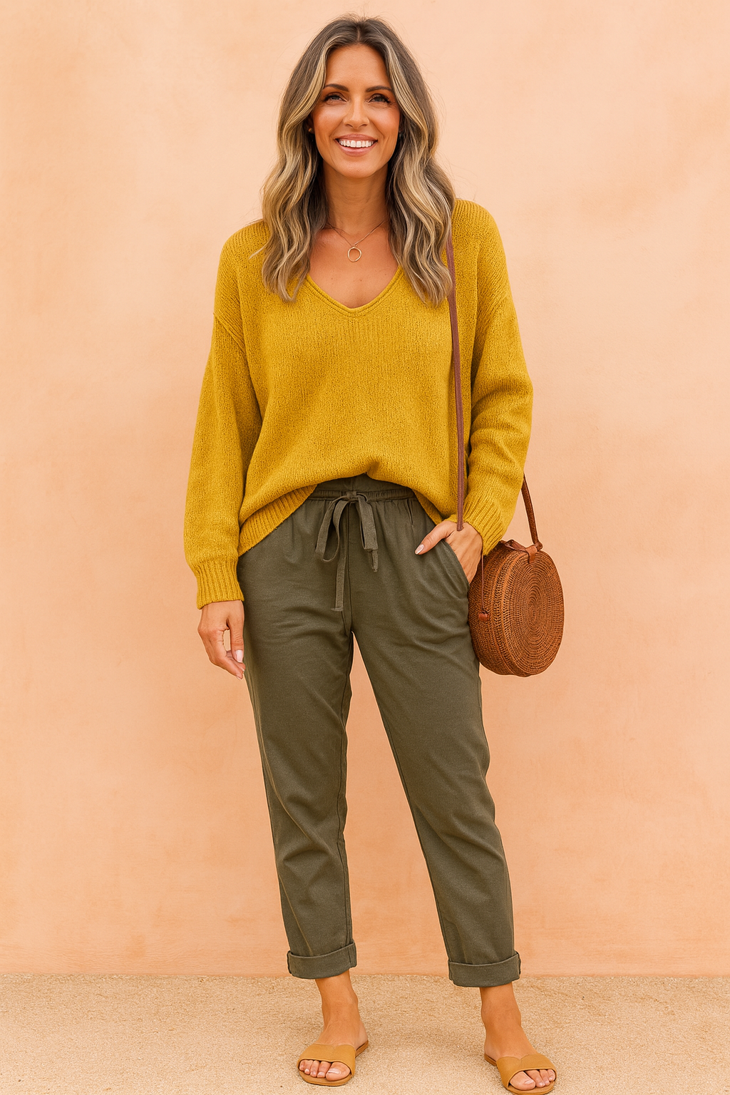 Mustard yellow knit sweater with ribbed cuffs and hem, paired with olive green drawstring pants and tan flat sandals, accessorized with a round woven rattan crossbody bag.