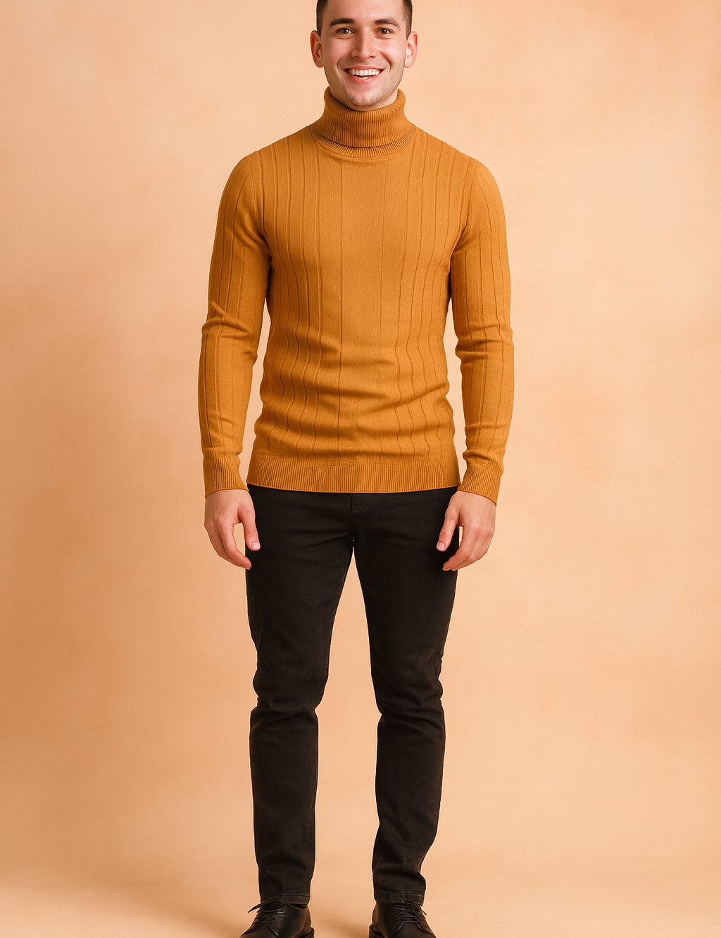 Mustard yellow ribbed turtleneck sweater for men, styled with a slim fit and classic vertical stripe knit design, perfect for casual or semi-formal wear.