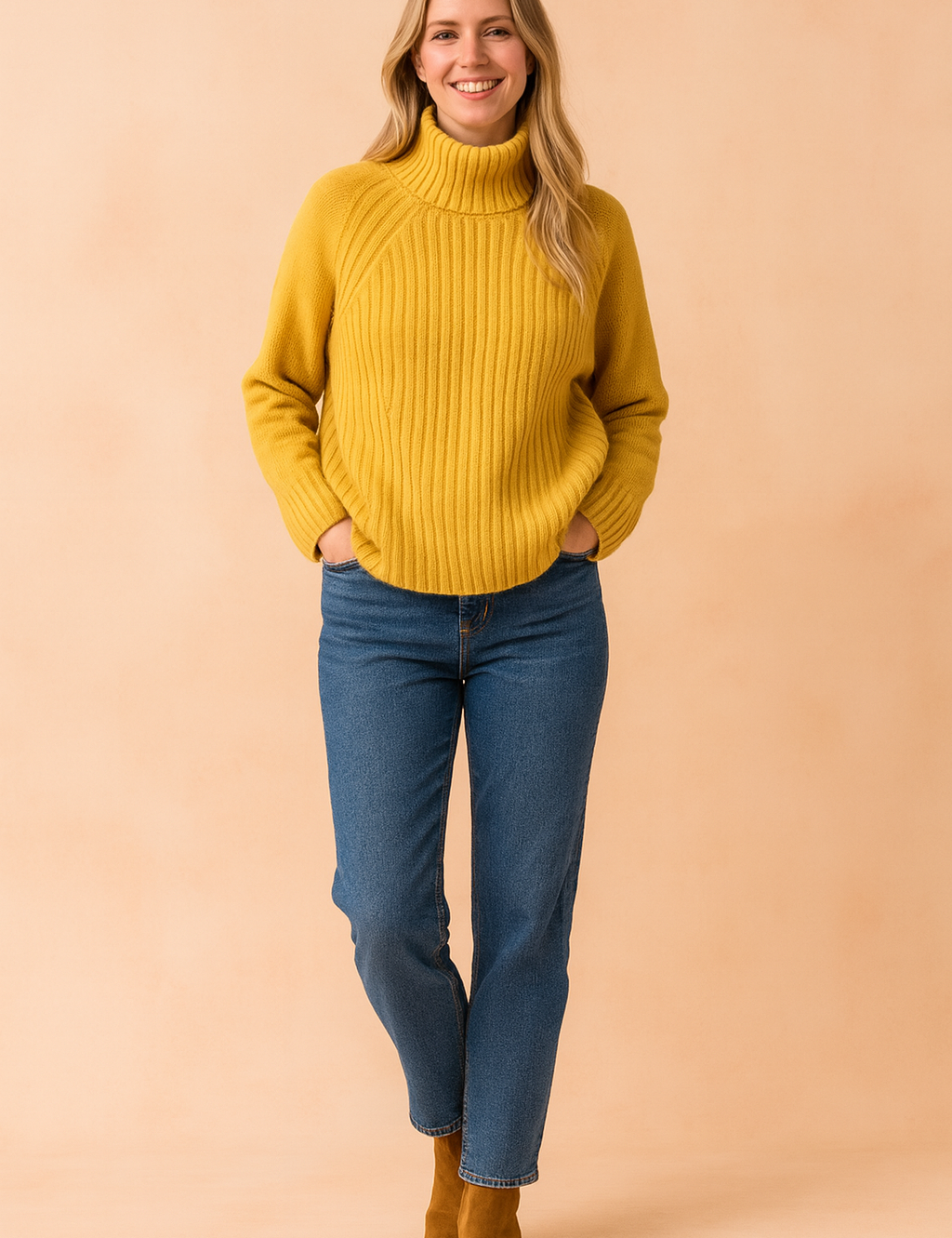 Mustard yellow ribbed turtleneck sweater paired with classic blue straight-leg jeans and tan suede ankle boots.