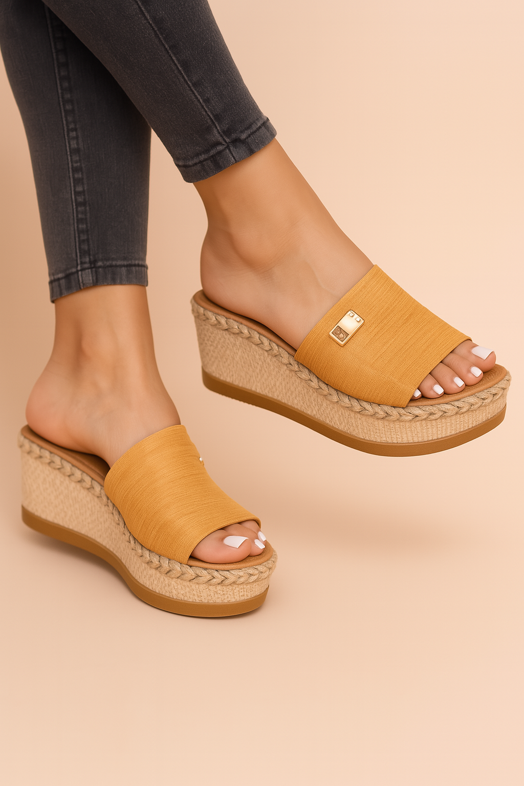  Mustard yellow open-toe wedge sandals with jute-wrapped platforms, textured wide fabric straps, and a gold-tone brand detail accent on the upper, designed for casual summer wear.
