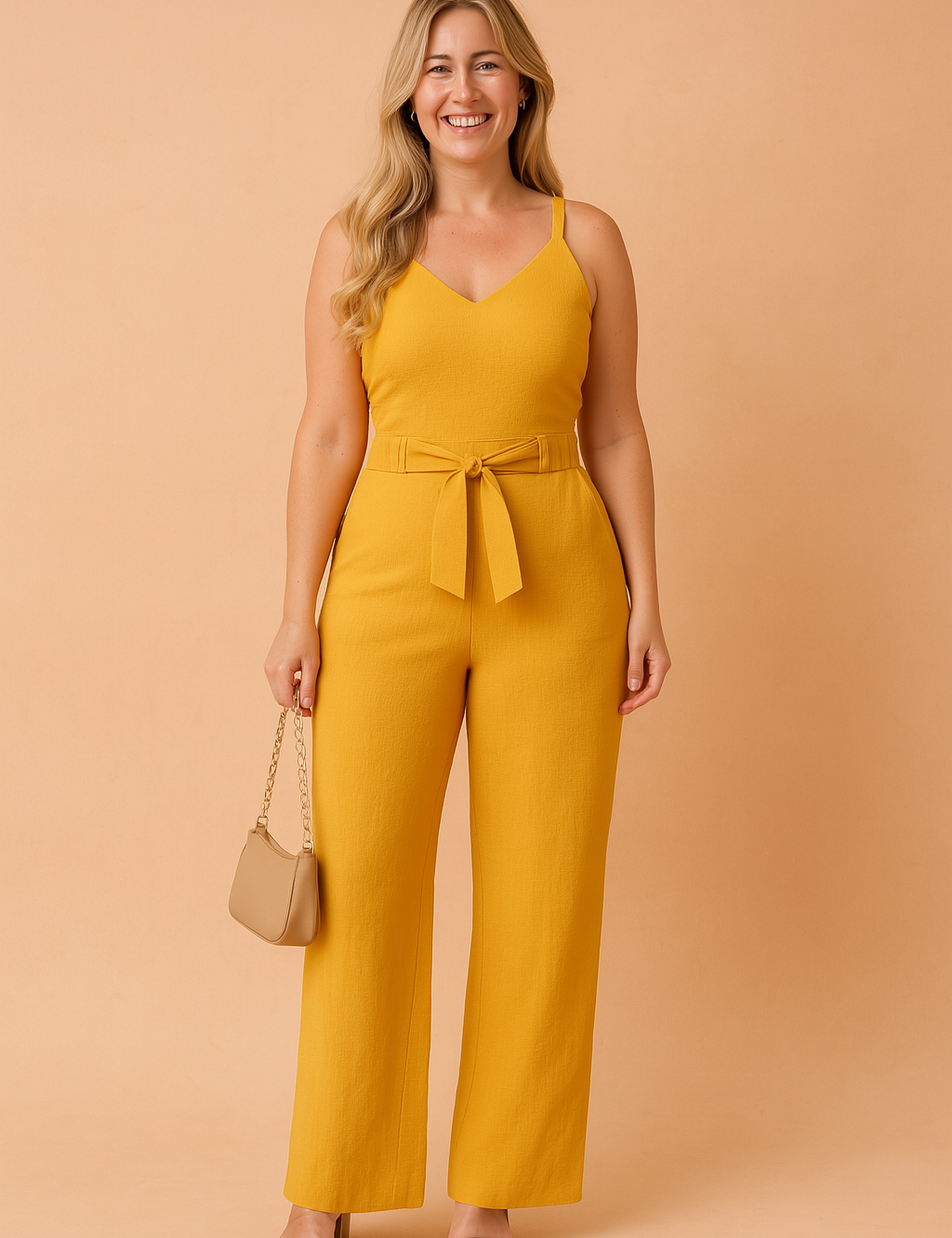 Mustard yellow sleeveless jumpsuit featuring a V-neckline, wide-leg pants, and a center-tied fabric belt, crafted from a lightly textured woven fabric with a clean, solid finish.