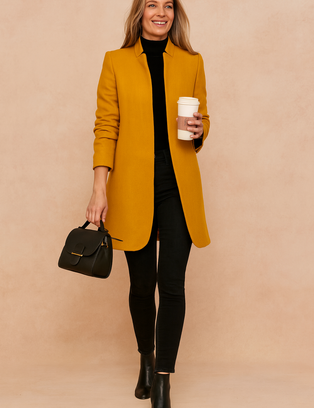 Mustard yellow longline coat with a clean tailored cut, worn over a fitted black turtleneck, paired with slim black jeans, black ankle boots, and a structured black handbag.