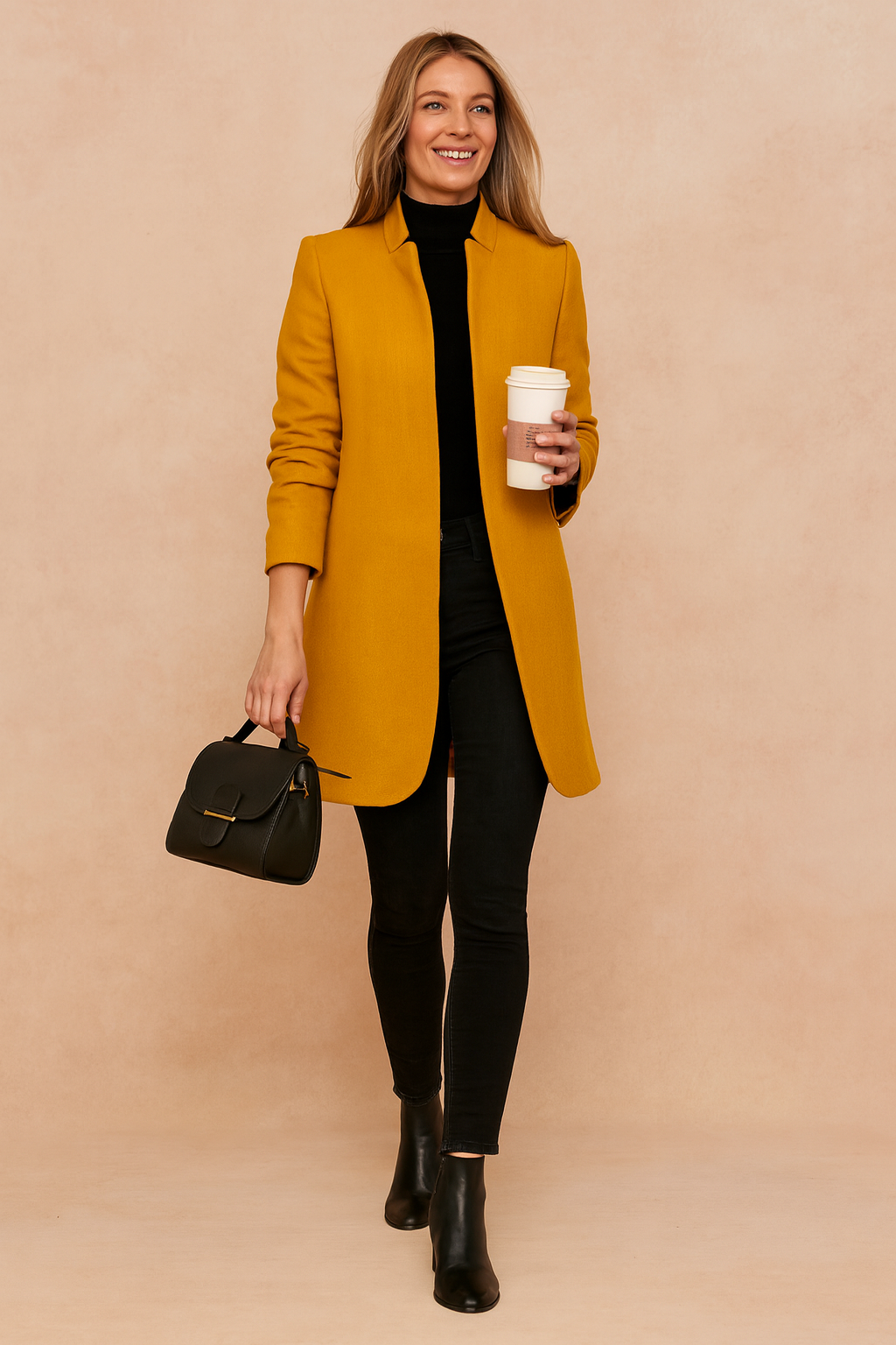 Mustard yellow longline coat with a clean tailored cut, worn over a fitted black turtleneck, paired with slim black jeans, black ankle boots, and a structured black handbag.