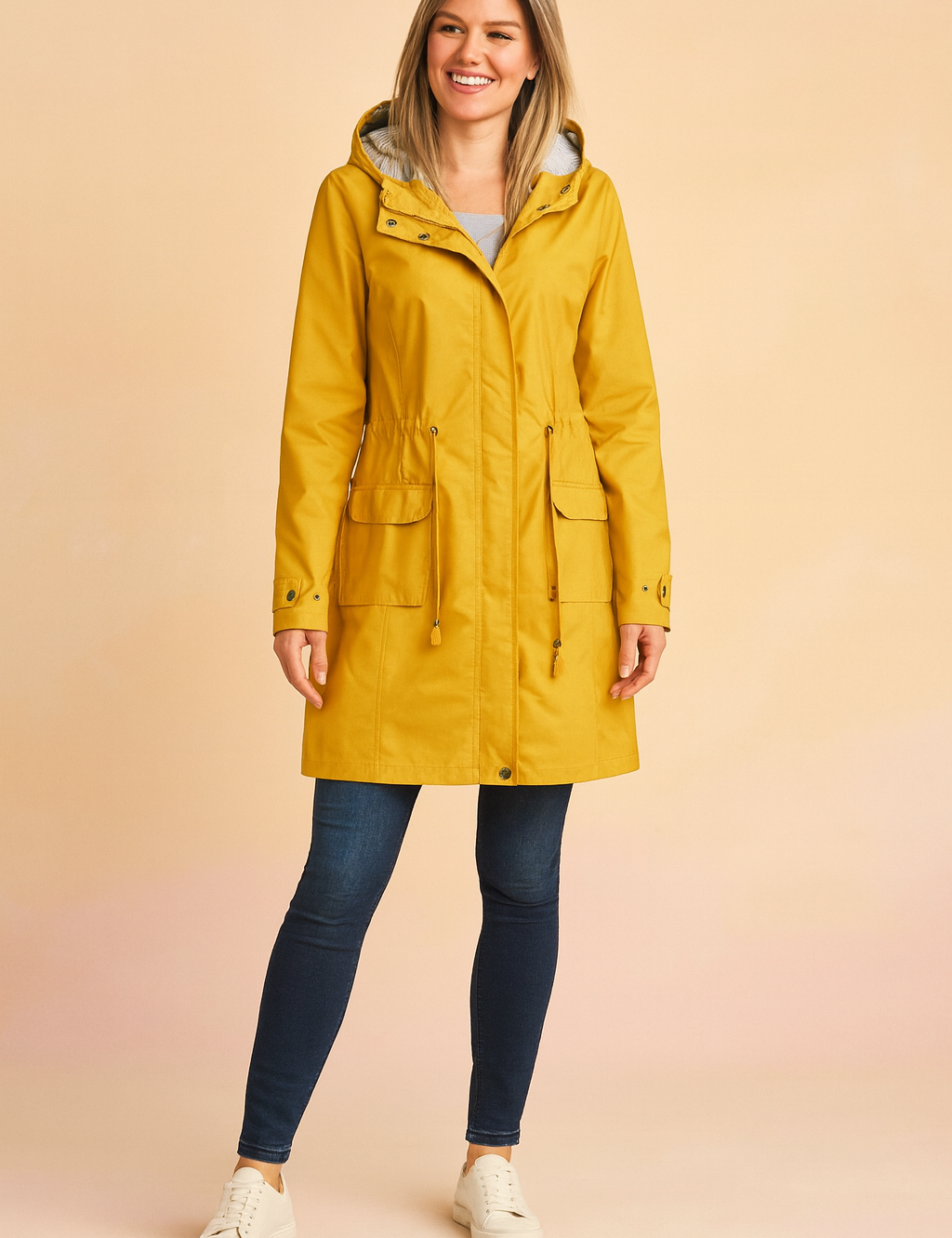 Mustard yellow hooded raincoat with front flap pockets, drawstring waist, and snap-button cuffs, paired with dark blue skinny jeans and white low-top sneakers.