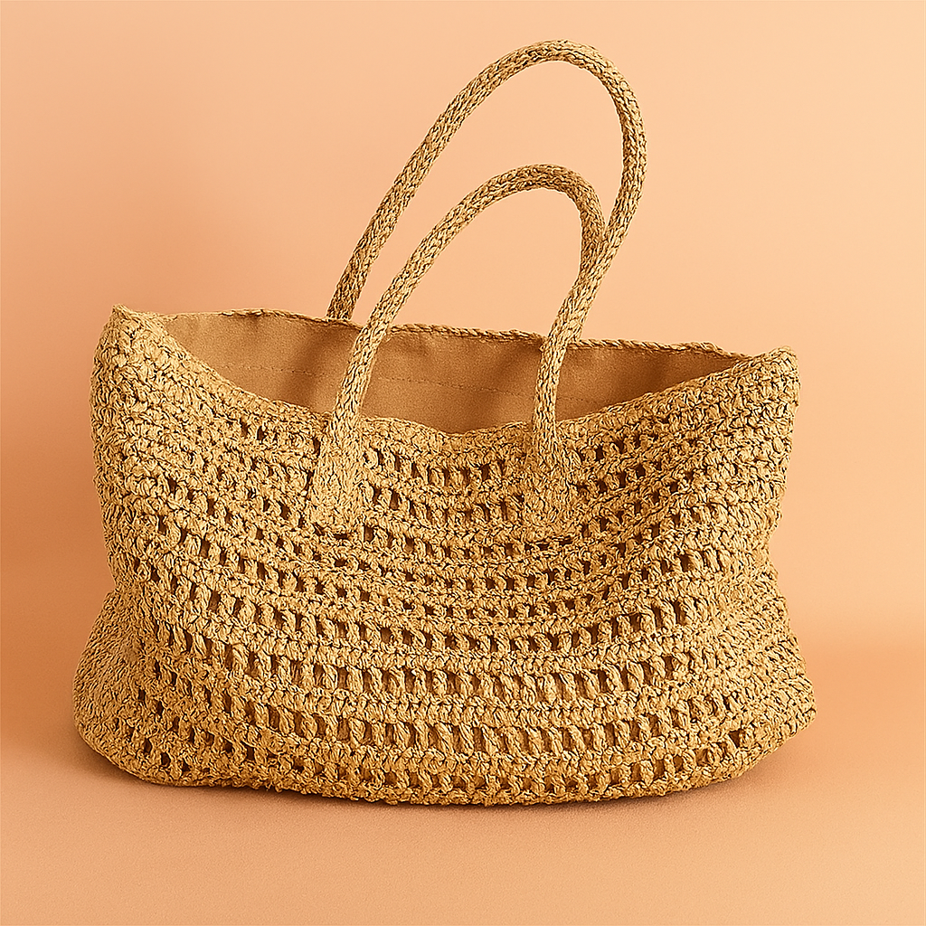 Oversized natural raffia tote bag with open-weave crochet pattern and twin braided handles, styled on a soft sand and pastel pink gradient background.